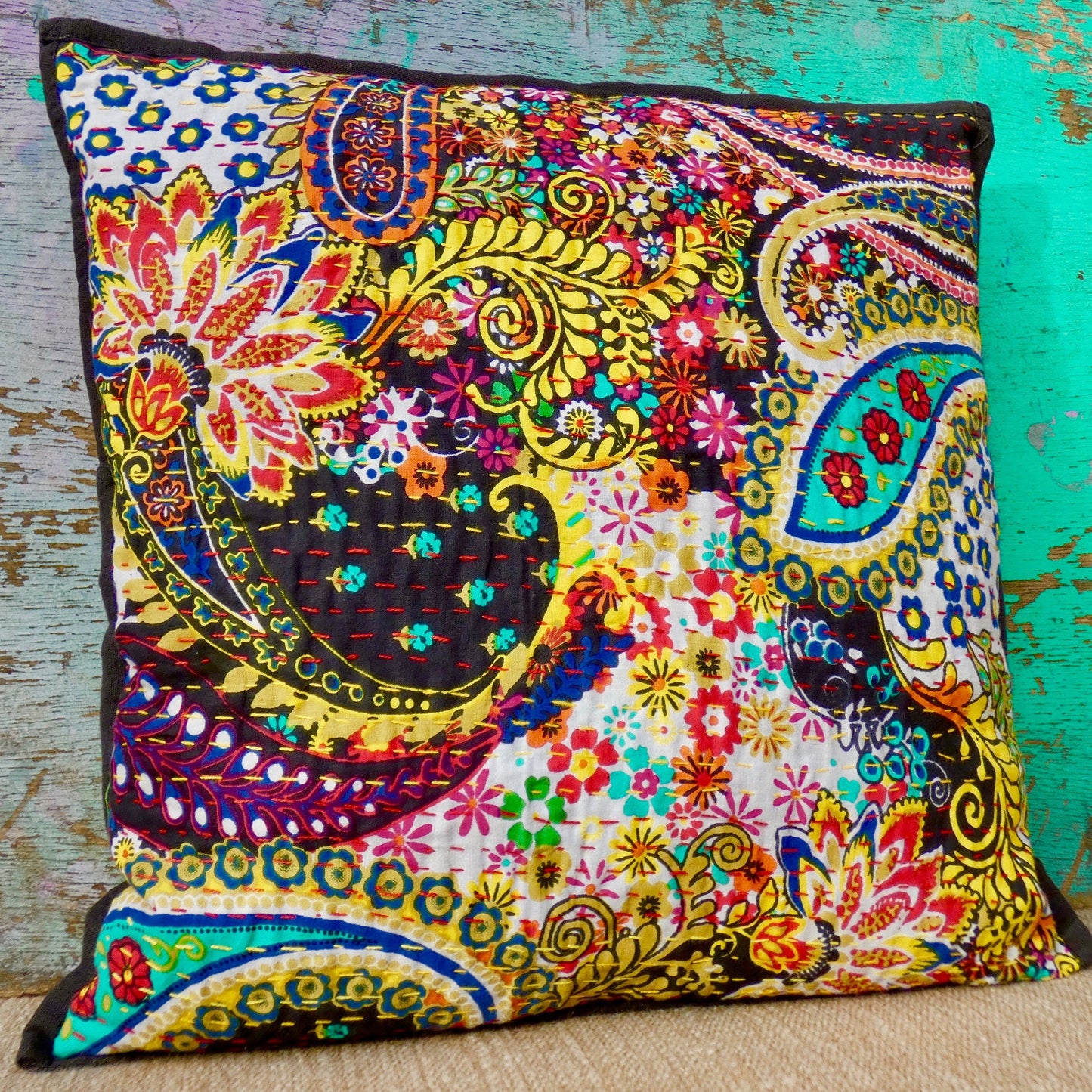 Black and Bright Paisley Kantha Cushion Cover