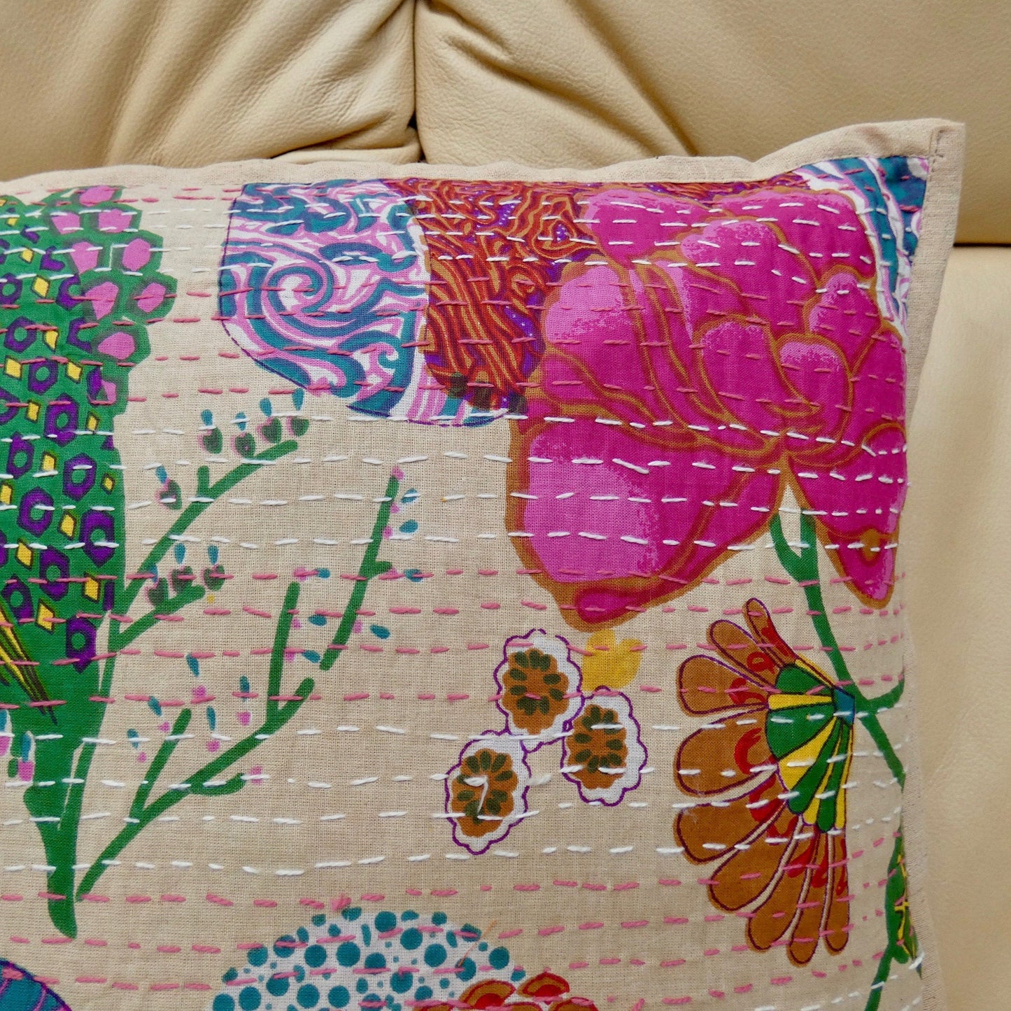 Beige Floral Kantha Cushion Cover