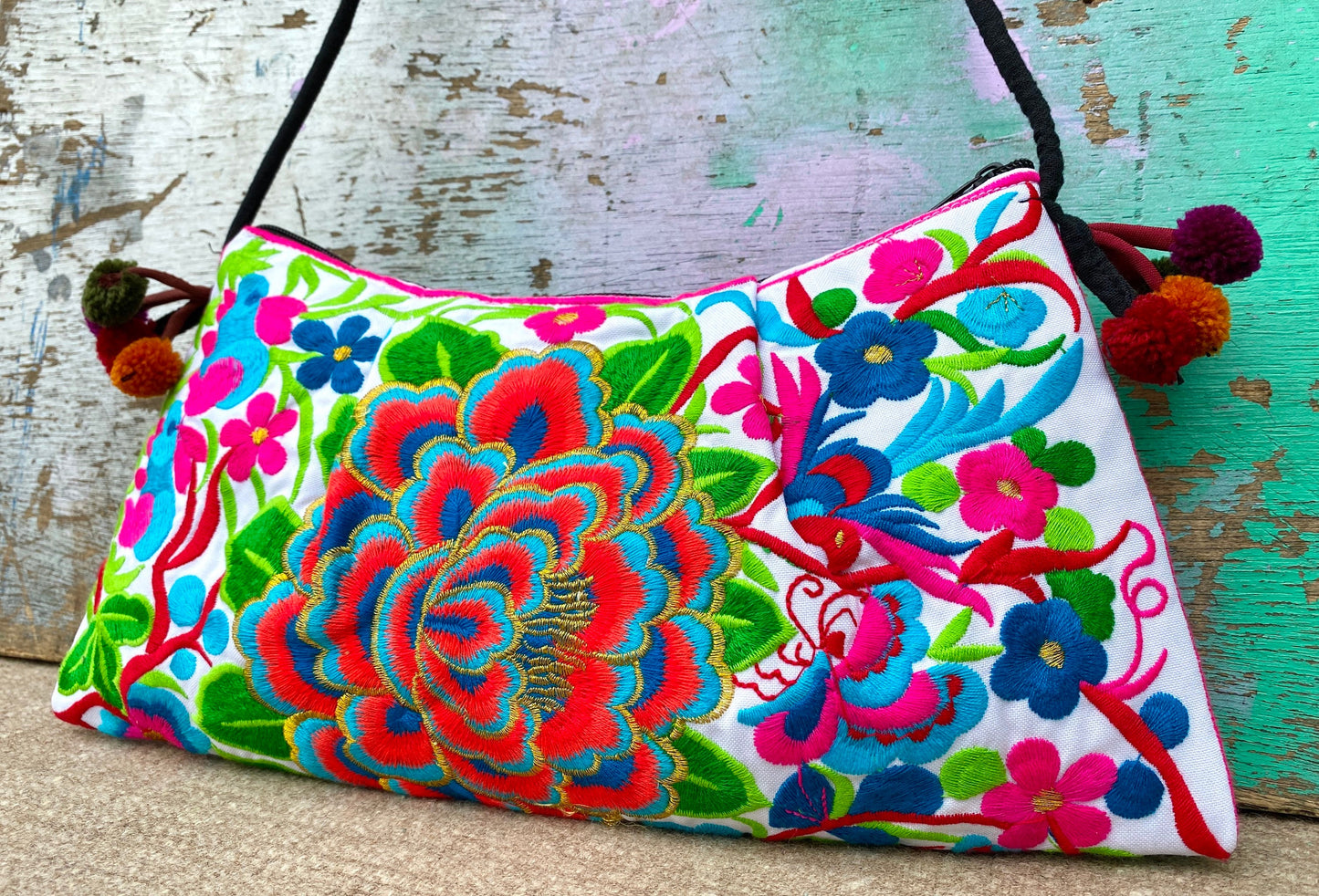 Red Floral Embroidered Crossbody Thai Sling Bag