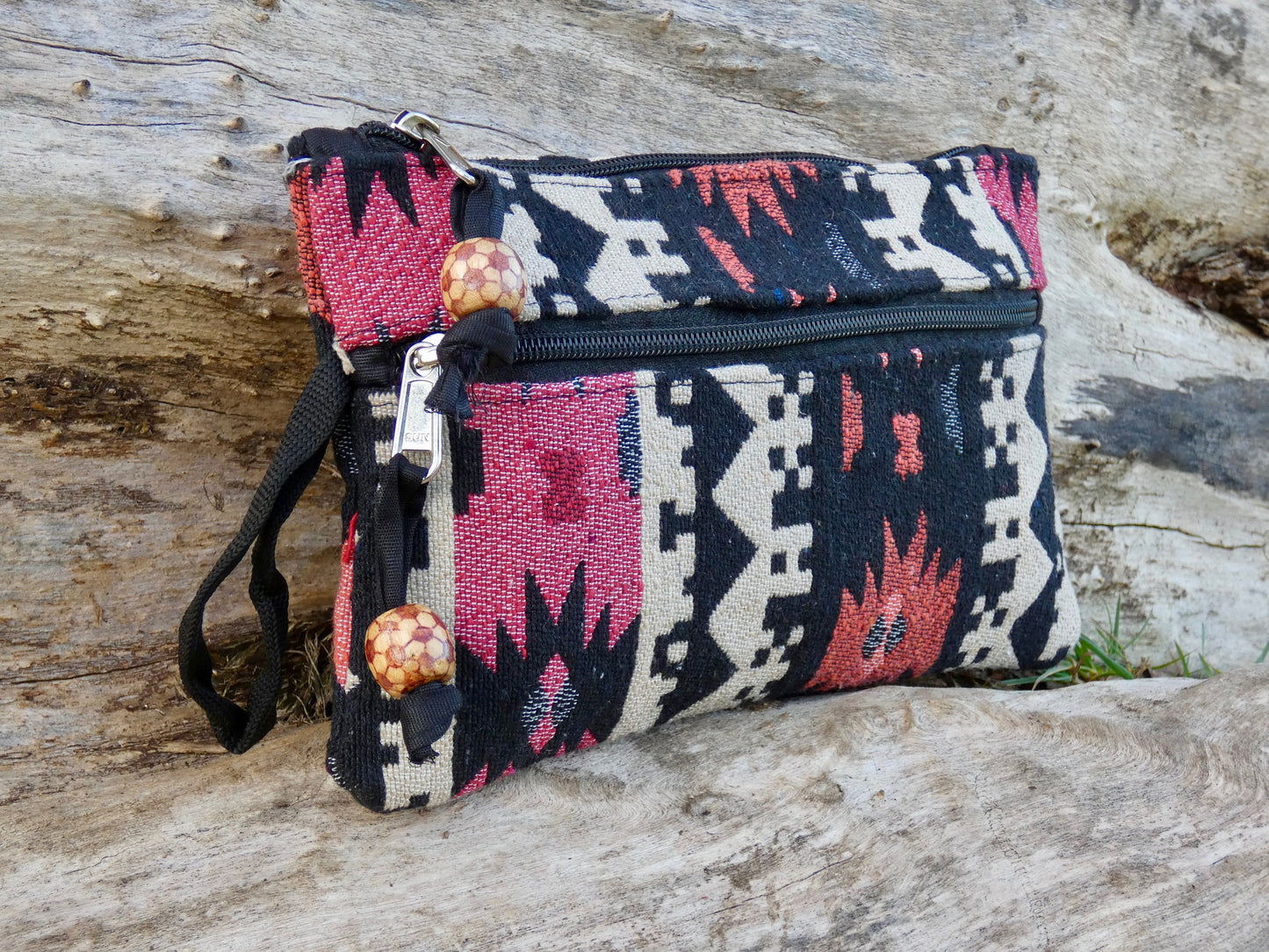 Upcycled Woven Cotton Jacquard Purse - Black and Coral