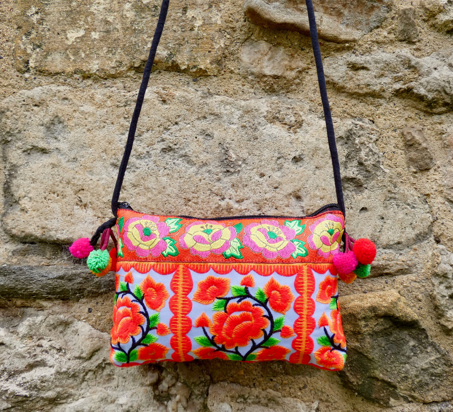 Orange Floral Hmong Embroidered Small Crossbody Bag