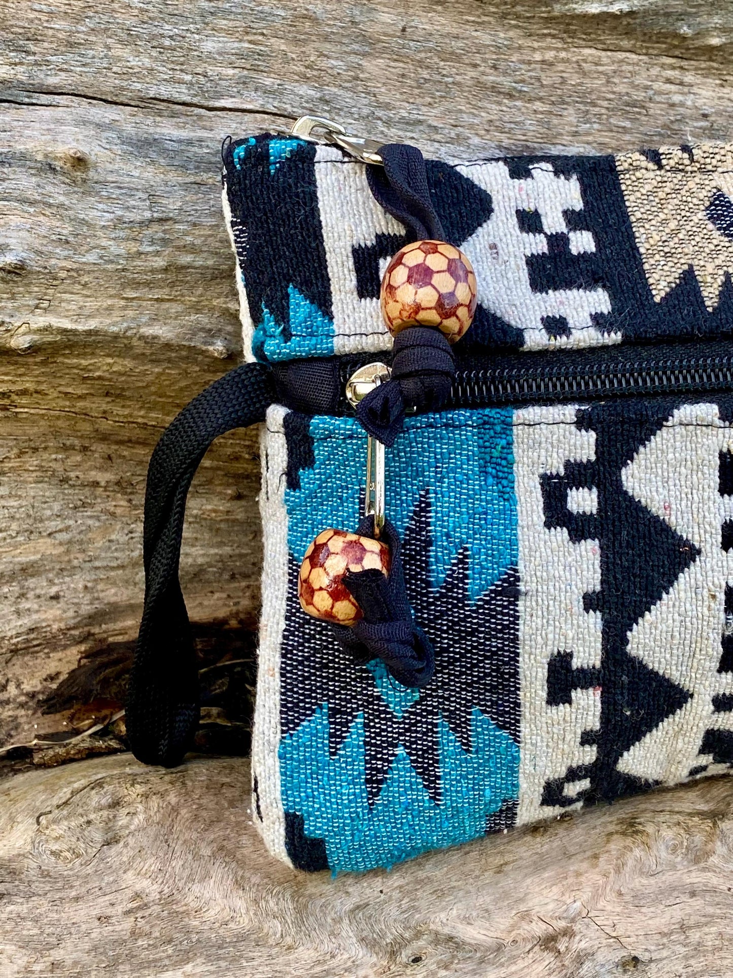 Upcycled Woven Cotton Jacquard Purse - Blue and Black