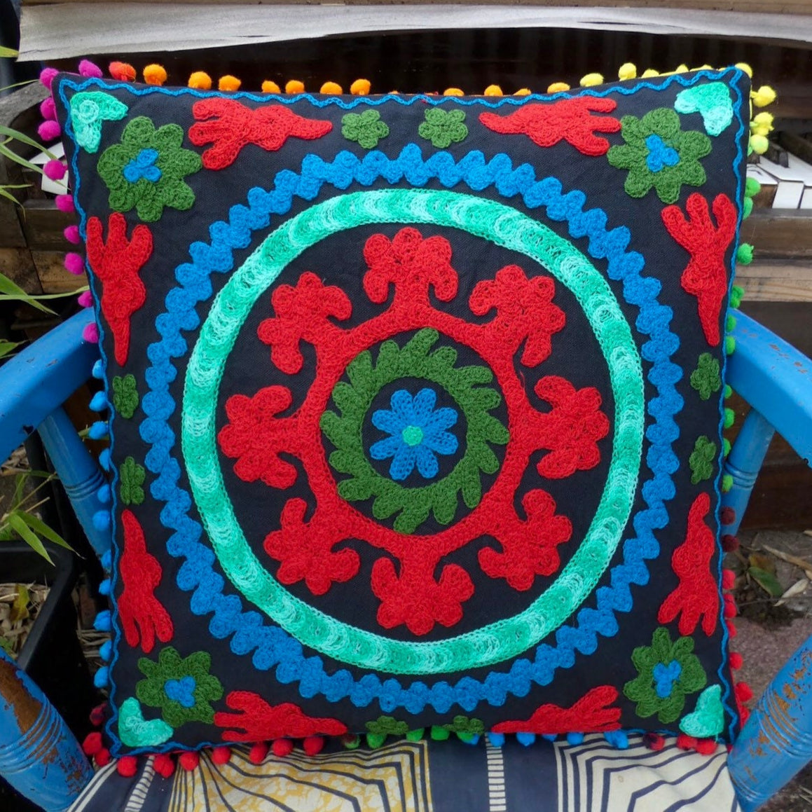 Black Suzani Embroidered Pom Pom Cushion Cover