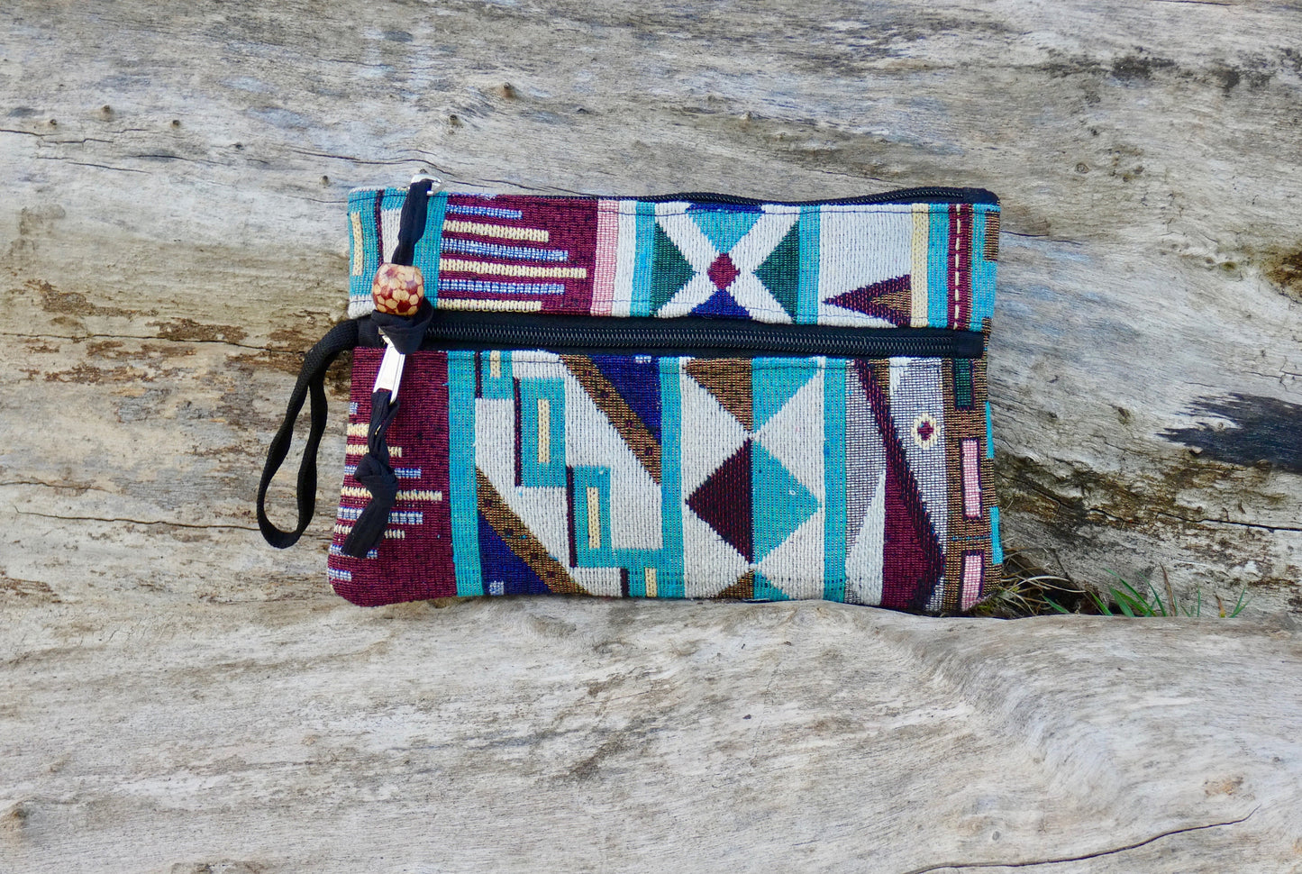 Upcycled Woven Cotton Jacquard Purse - Teal and Burgandy