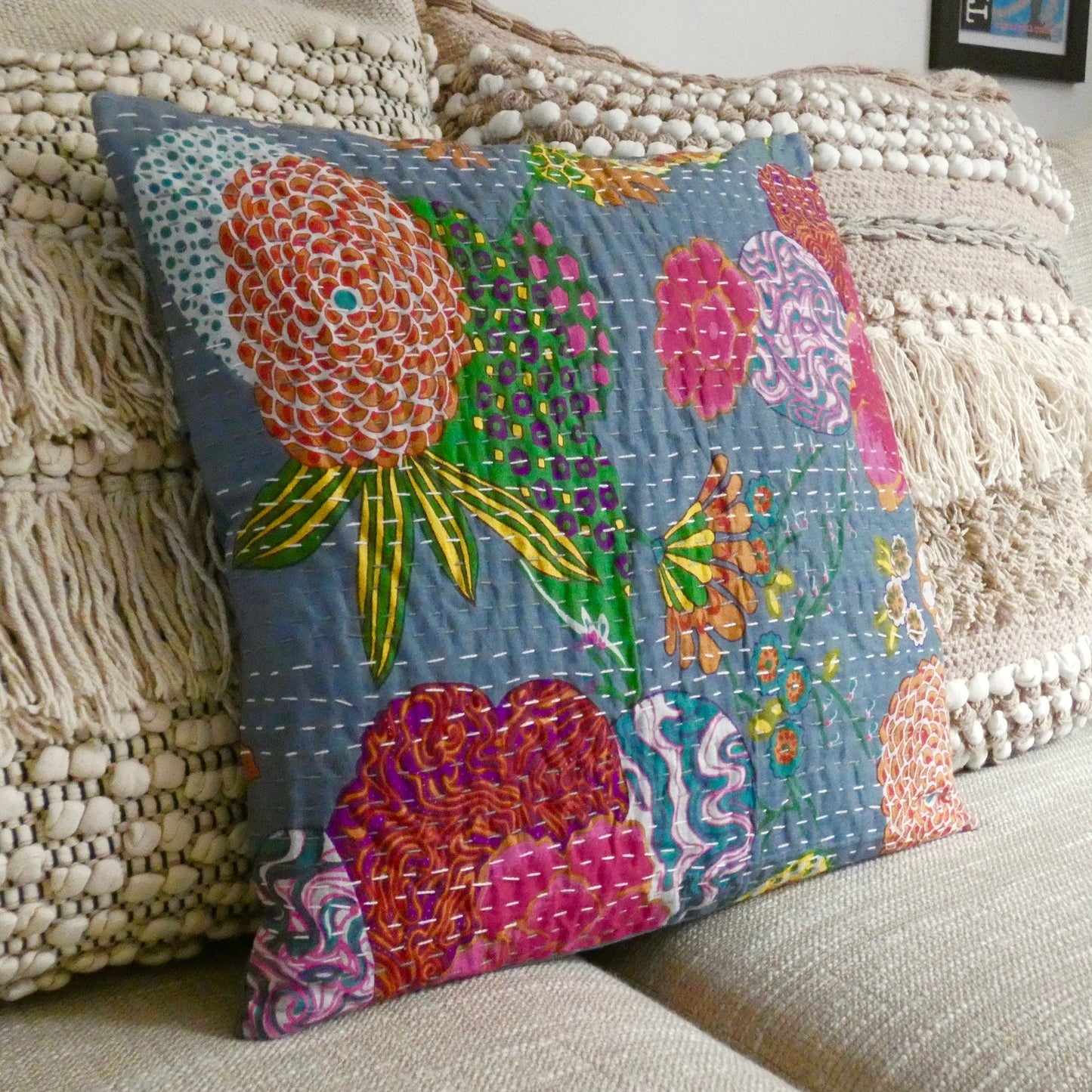 Grey Floral Kantha Cushion Cover