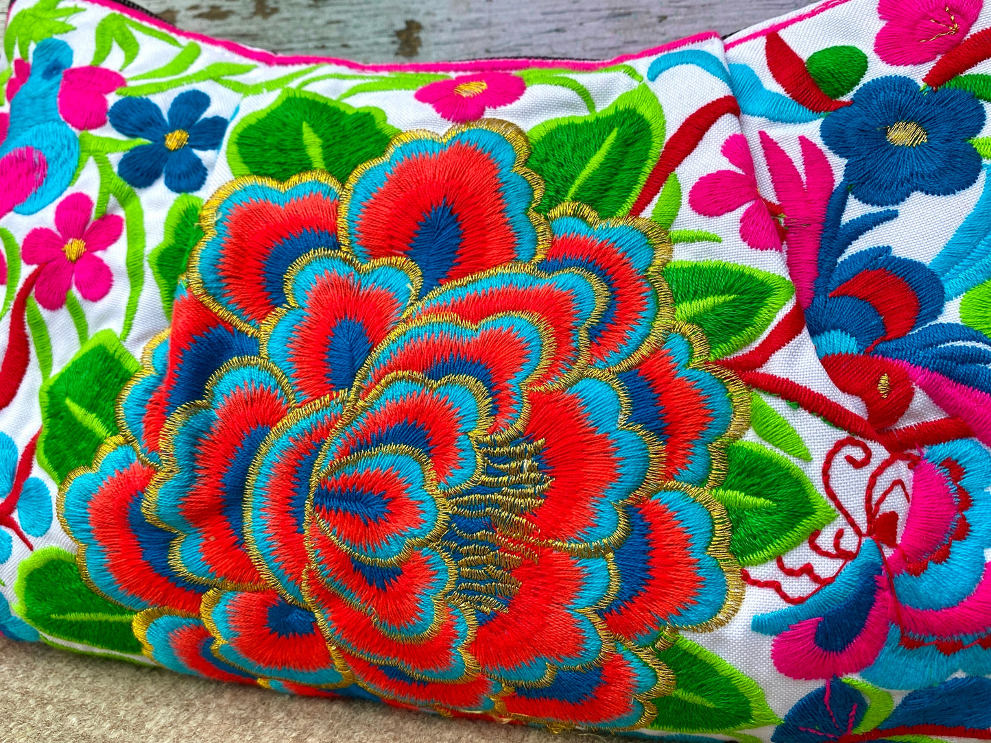 Red Floral Embroidered Crossbody Thai Sling Bag