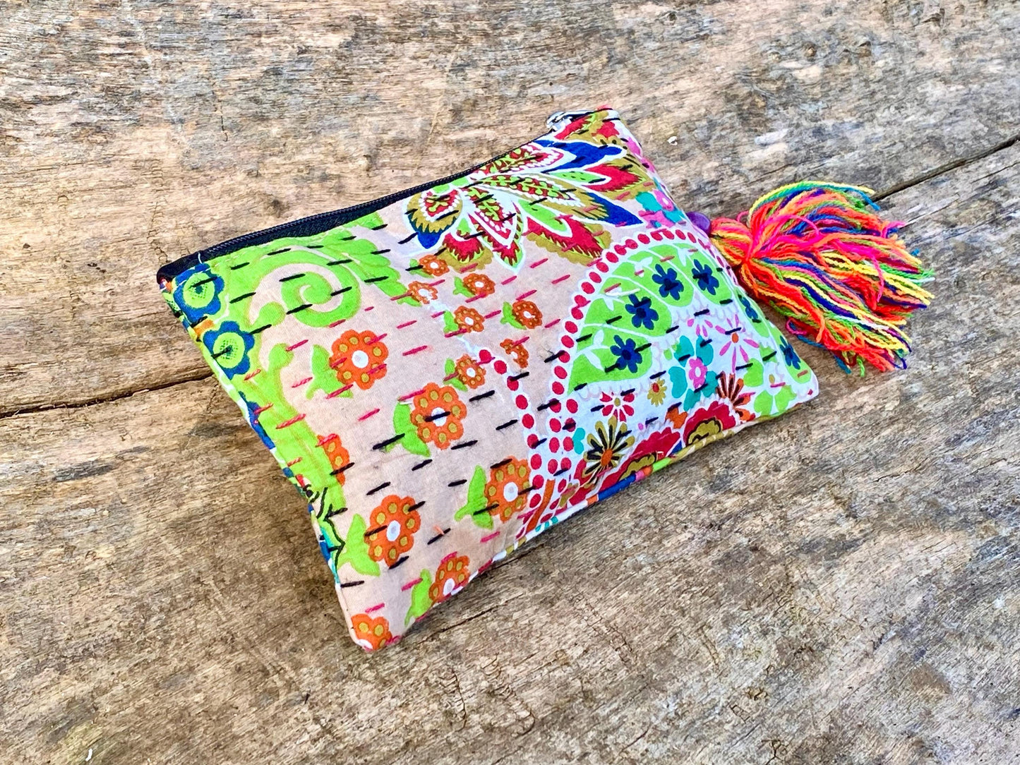 Handmade Cotton Kantha Purse - Beige
