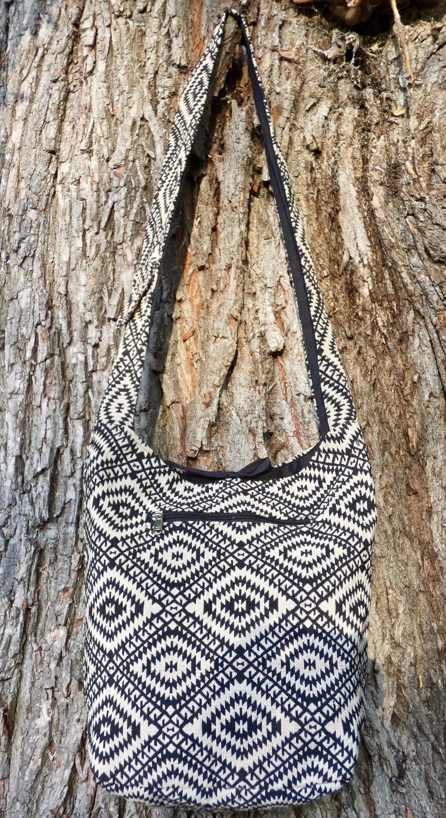 Black Geometric Woven Cotton Bucket Bag