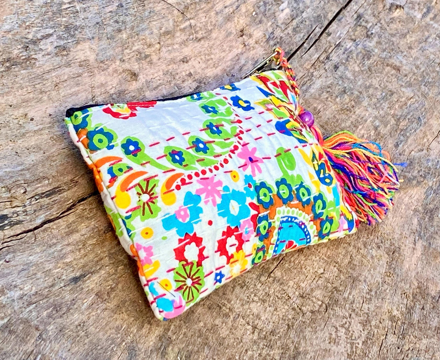 Handmade Cotton Kantha Purse - White