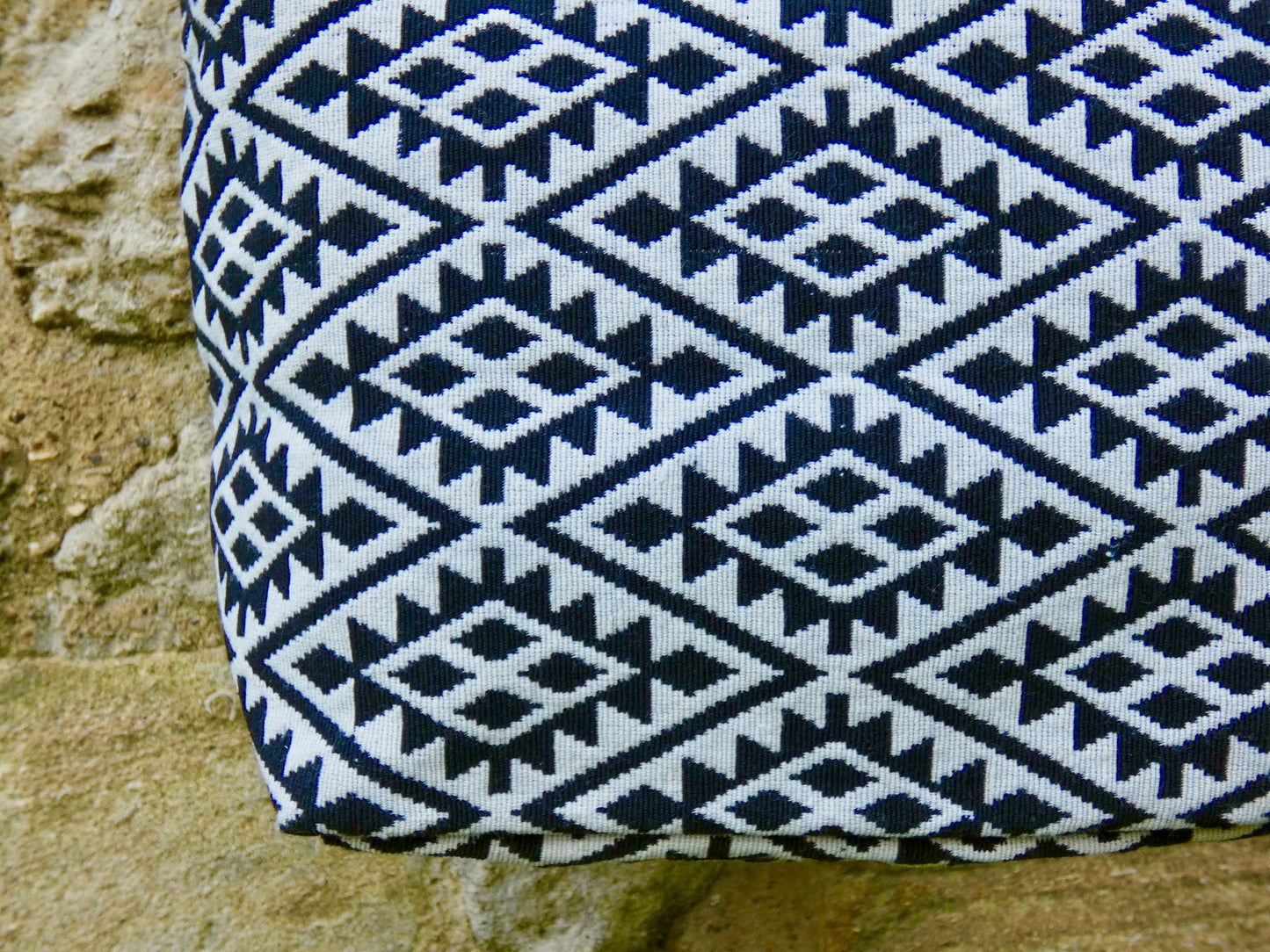 Blue Geometric Woven Cotton Bucket Bag