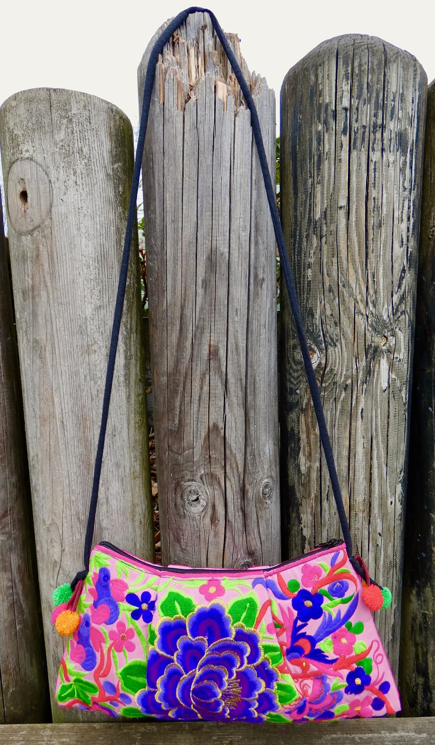 Purple Floral Embroidered Crossbody Thai Sling Bag