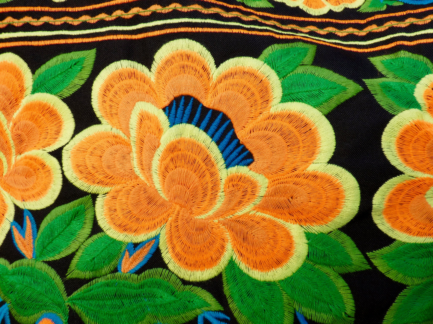 Orange Floral Embroidered Hmong Tote Bag