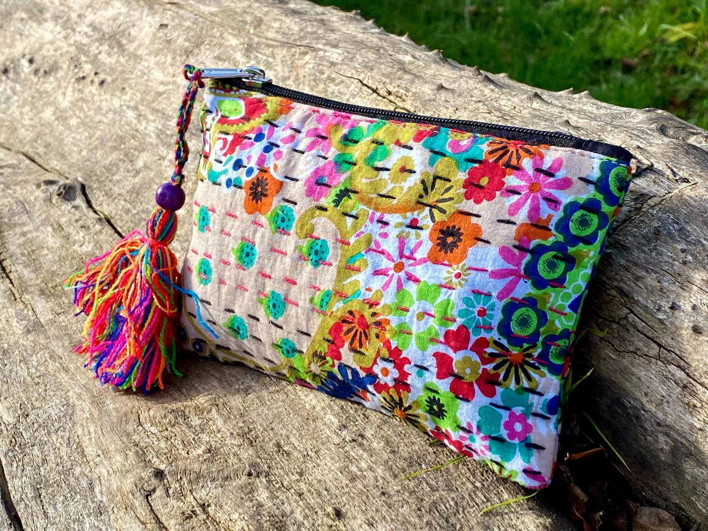 Handmade Cotton Kantha Purse - Beige