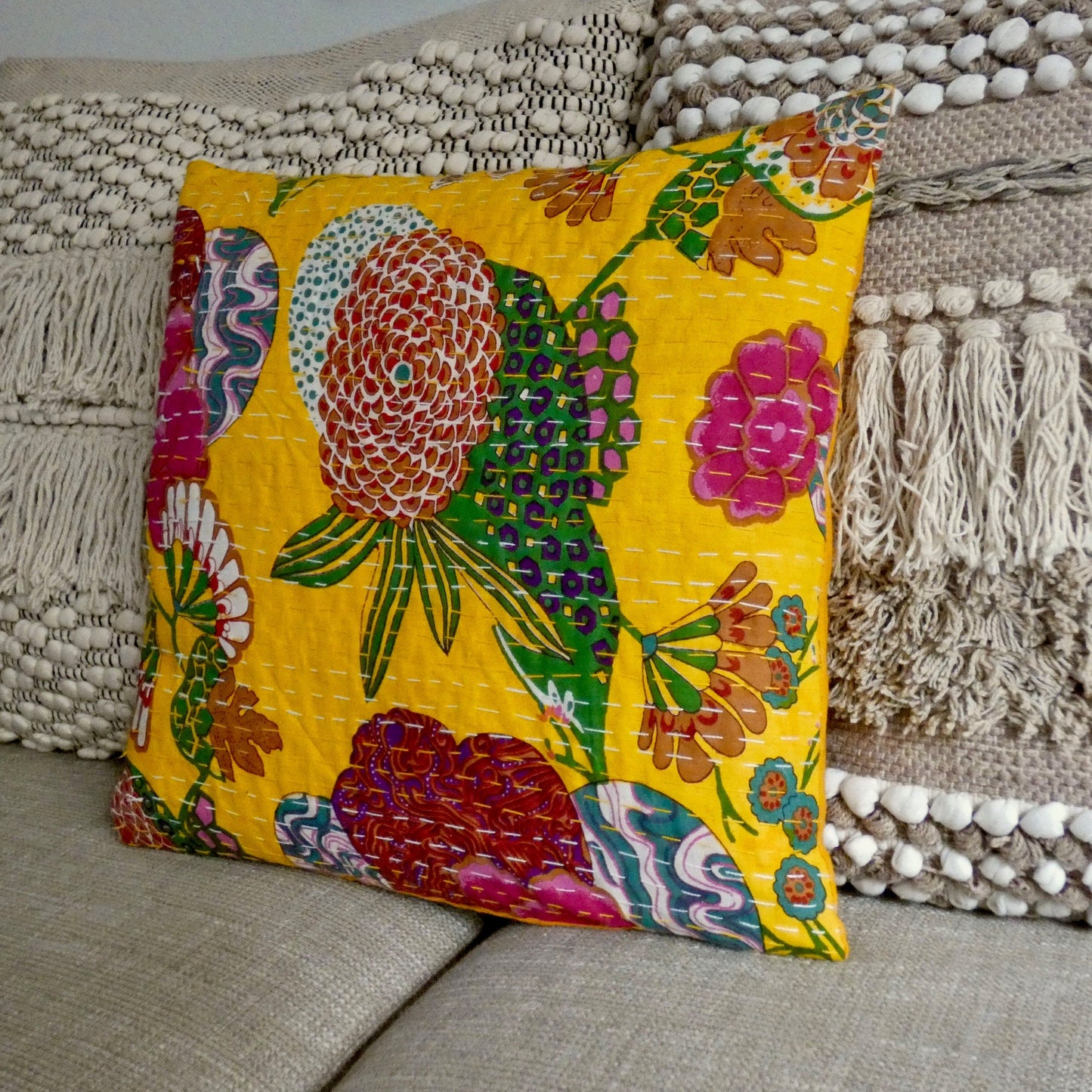 Yellow Floral Kantha Cushion Cover