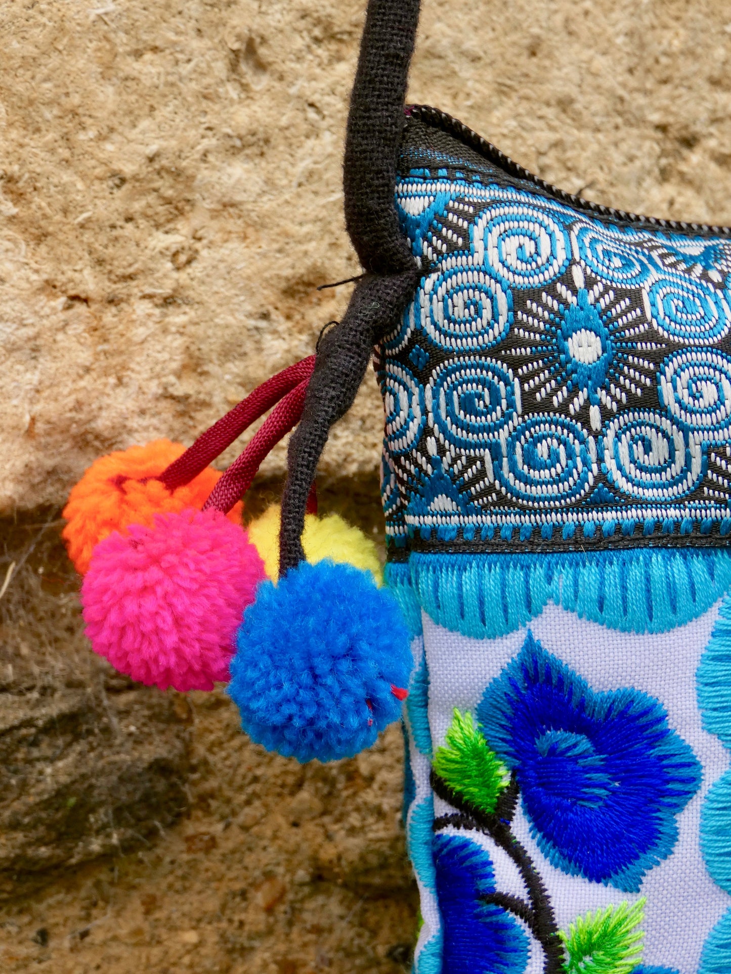 Blue Floral Embroidered Small Crossbody Thai Bag