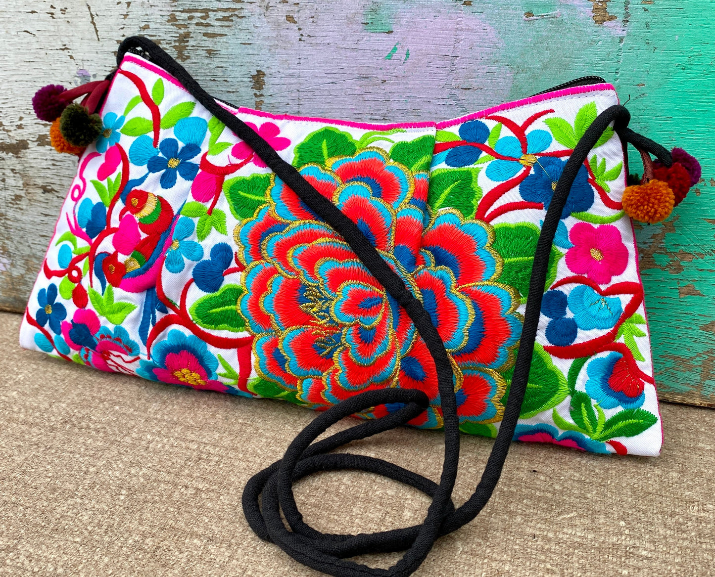 Red Floral Embroidered Crossbody Thai Sling Bag
