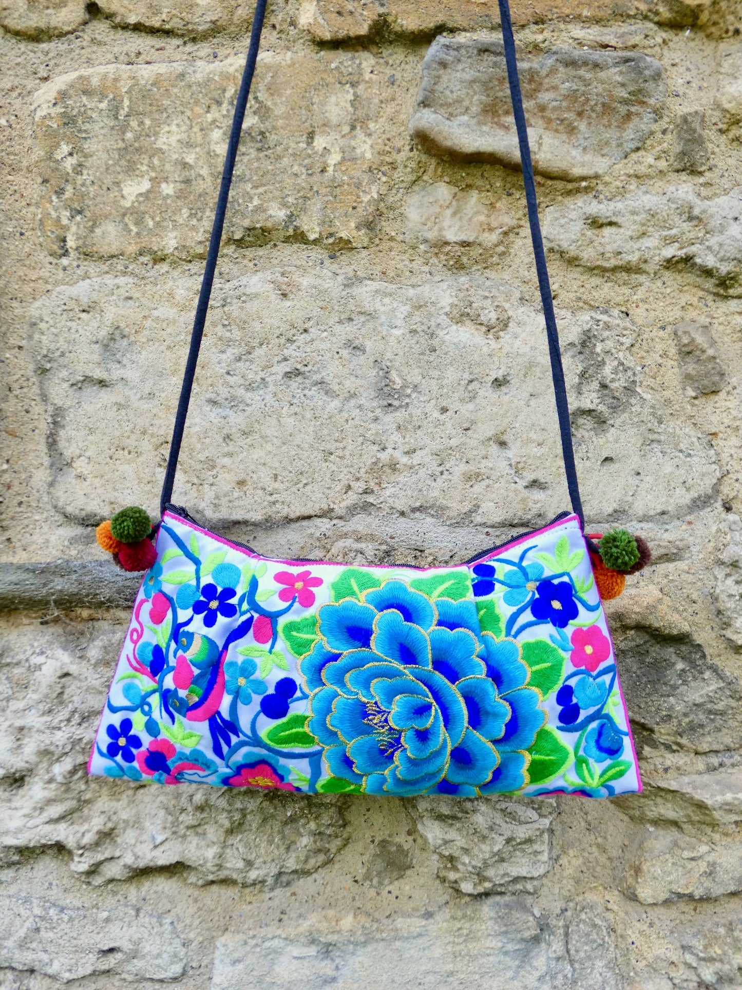 Blue Floral Embroidered Crossbody Thai Sling Bag
