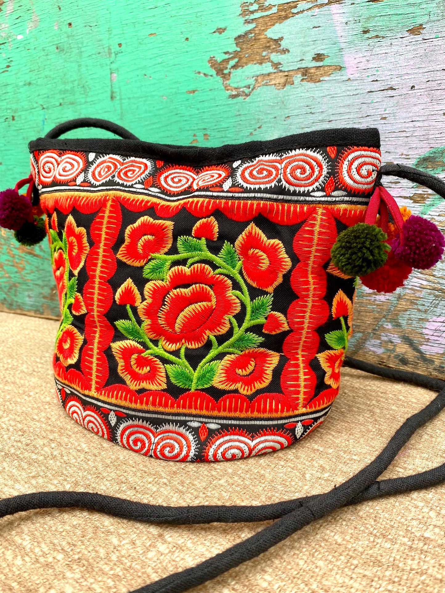 Red Floral Embroidered Thai Crossbody Bag
