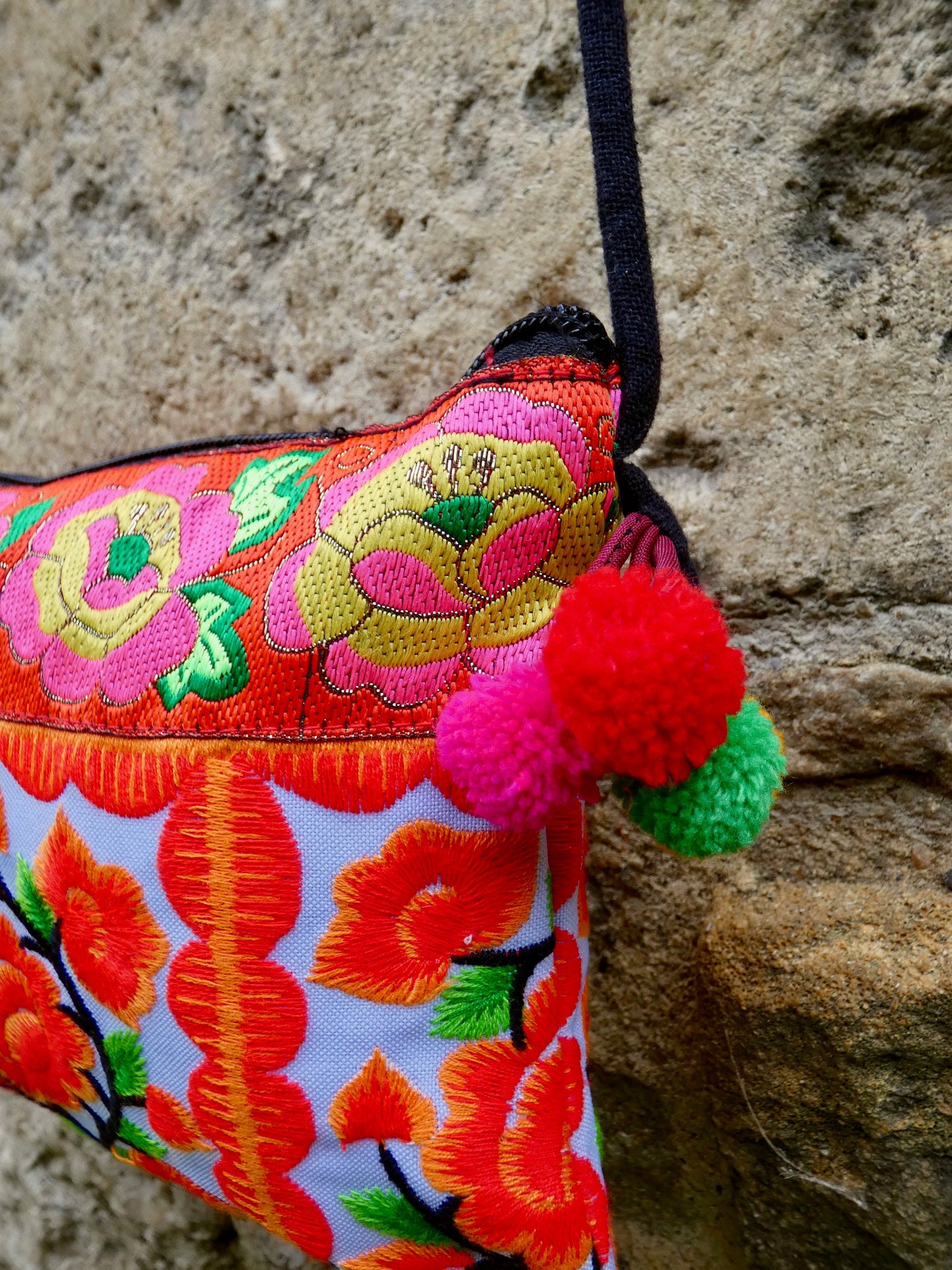 Orange Floral Hmong Embroidered Small Crossbody Bag