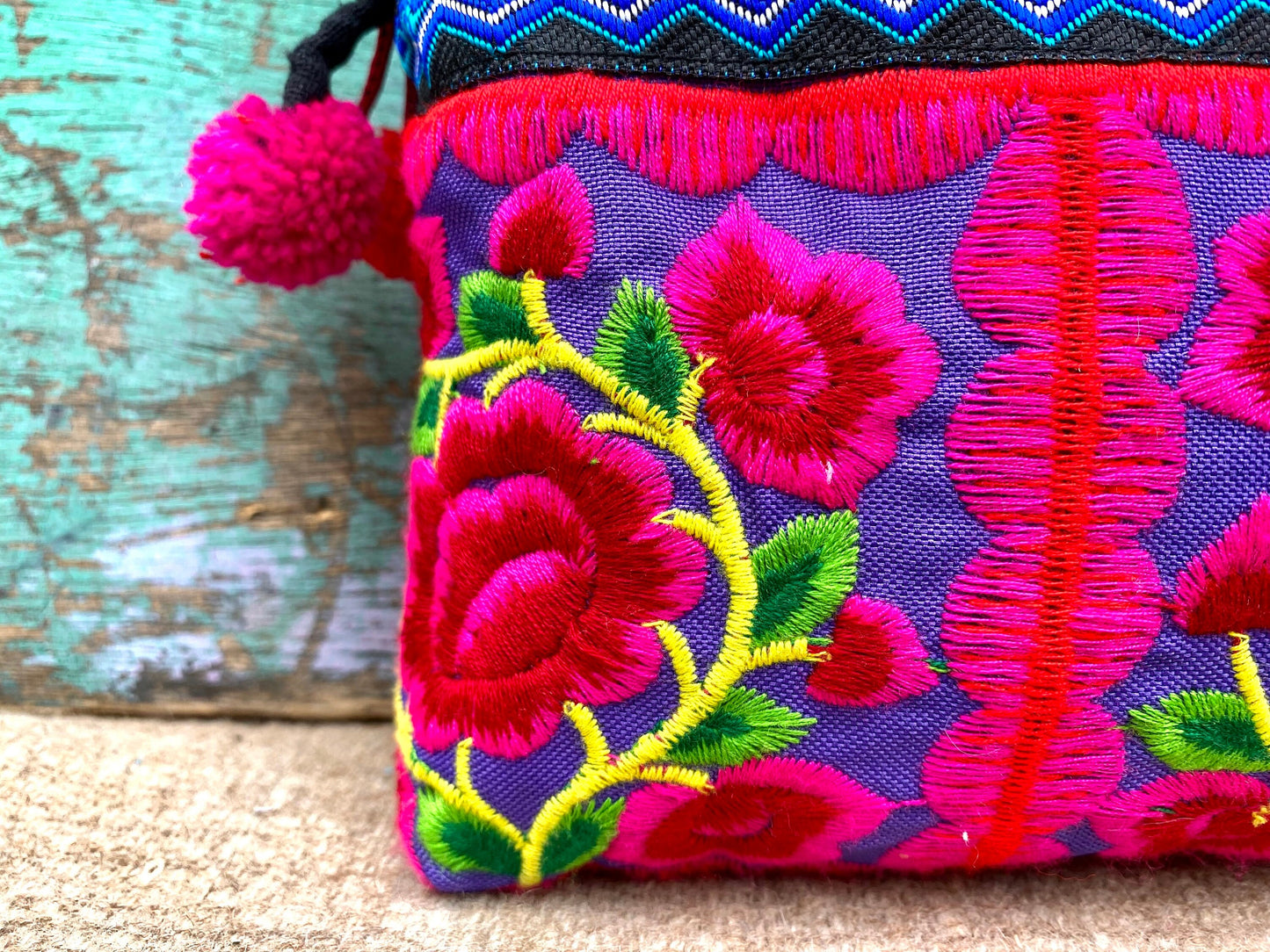 Pink Floral Hmong Embroidered Small Crossbody Bag