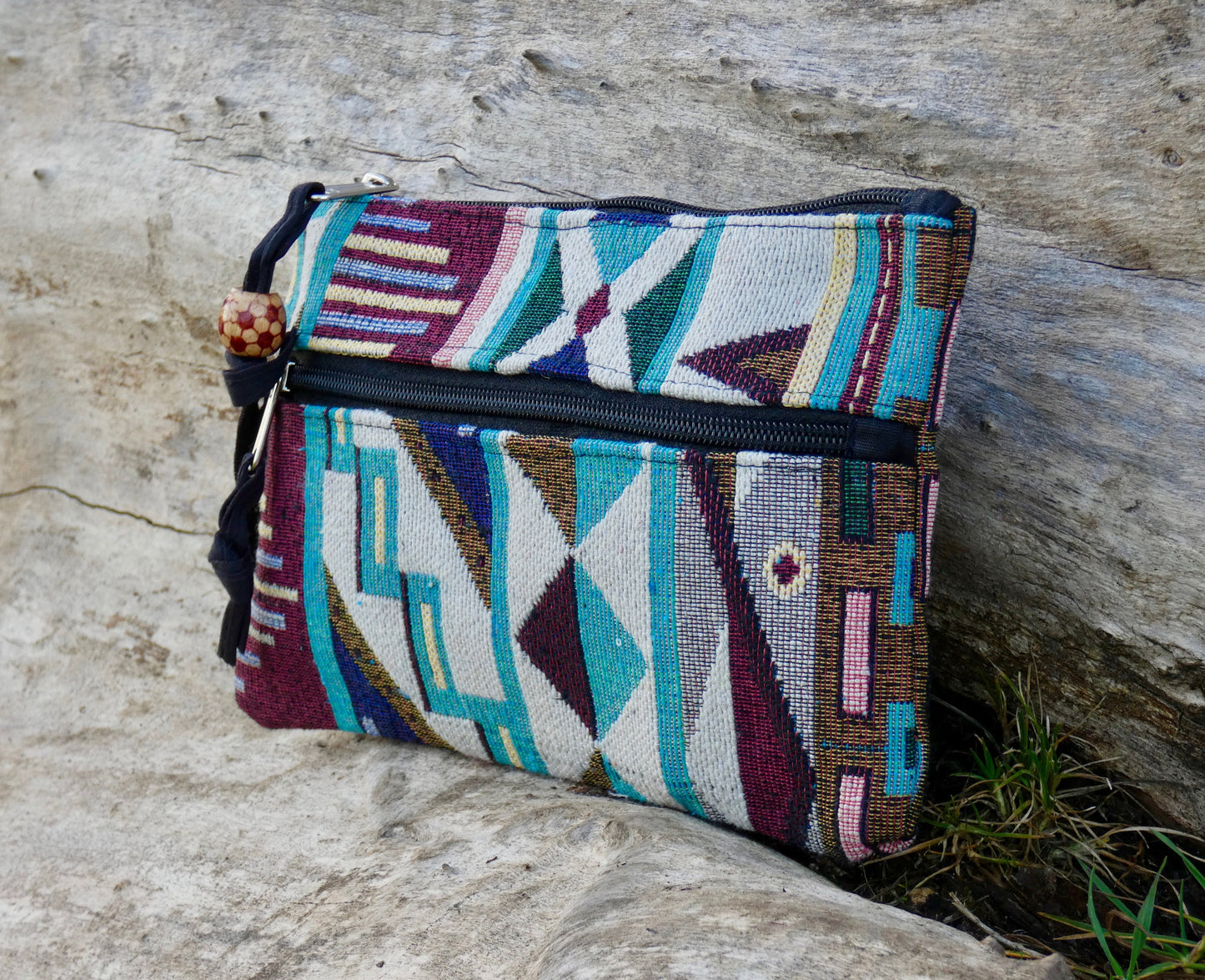Upcycled Woven Cotton Jacquard Purse - Teal and Burgandy