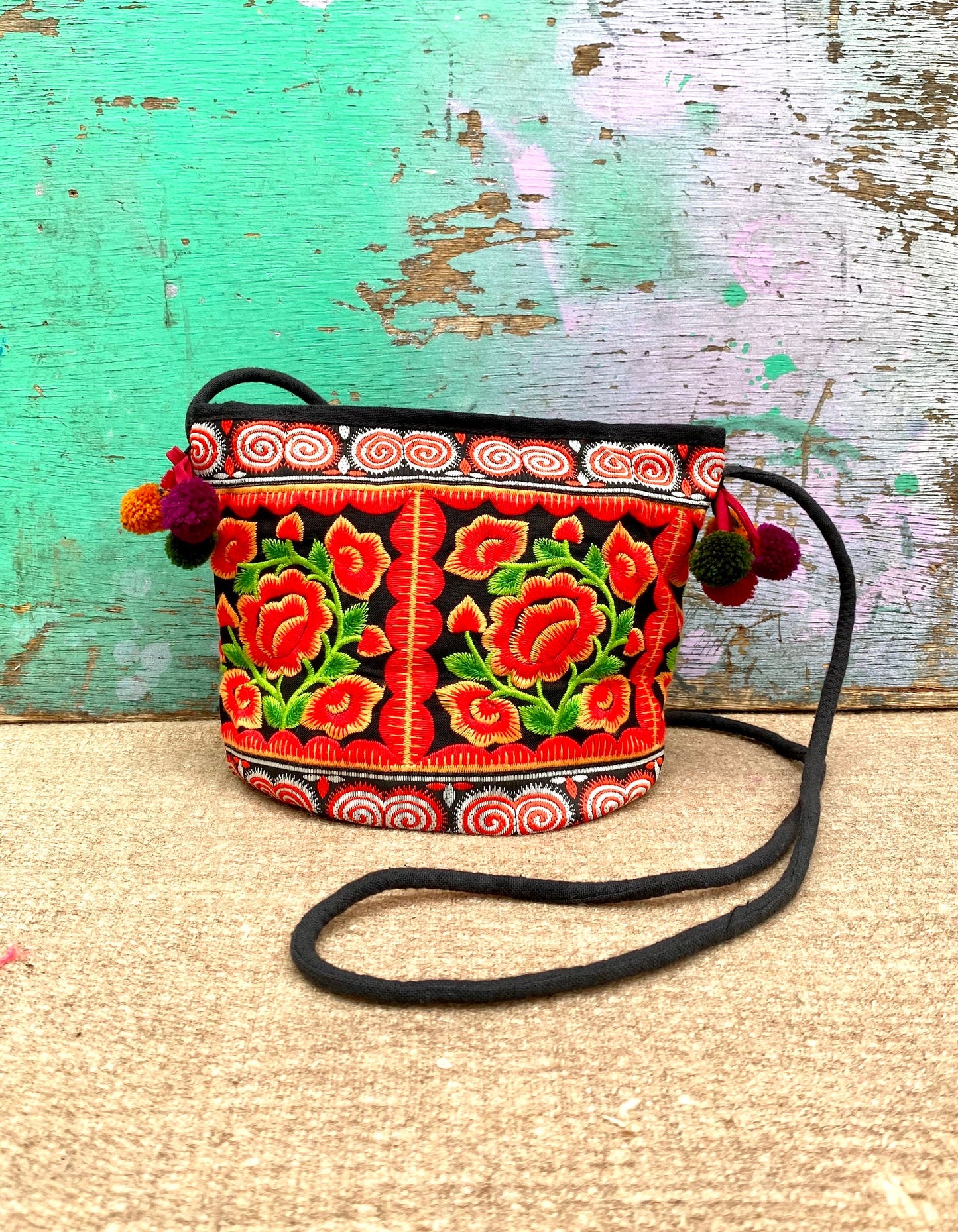 Red Floral Embroidered Thai Crossbody Bag