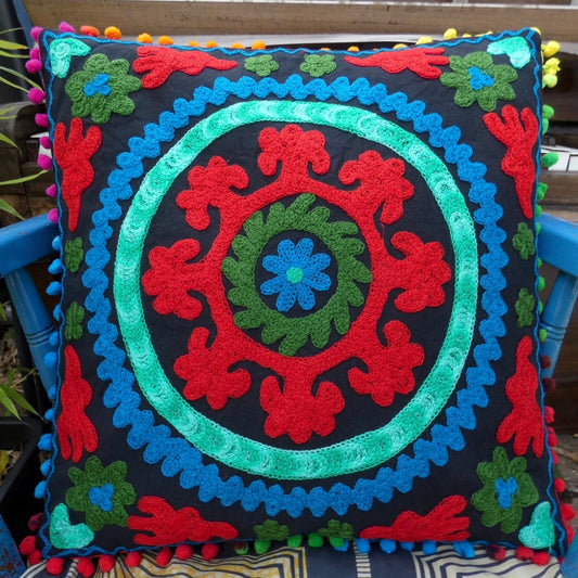 Black Suzani Embroidered Pom Pom Cushion Cover