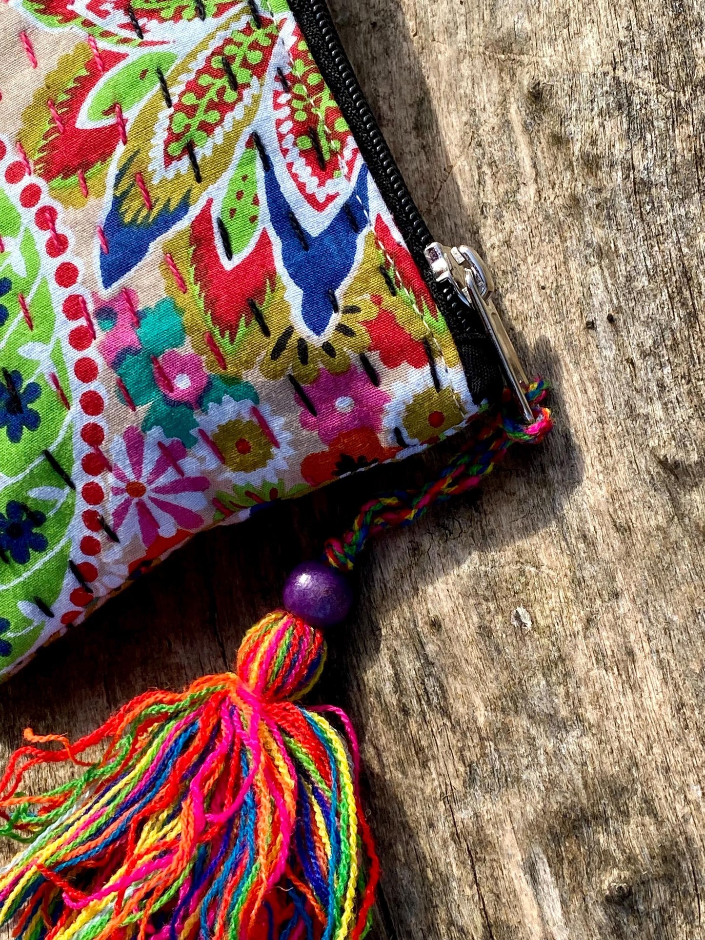 Handmade Cotton Kantha Purse - Beige