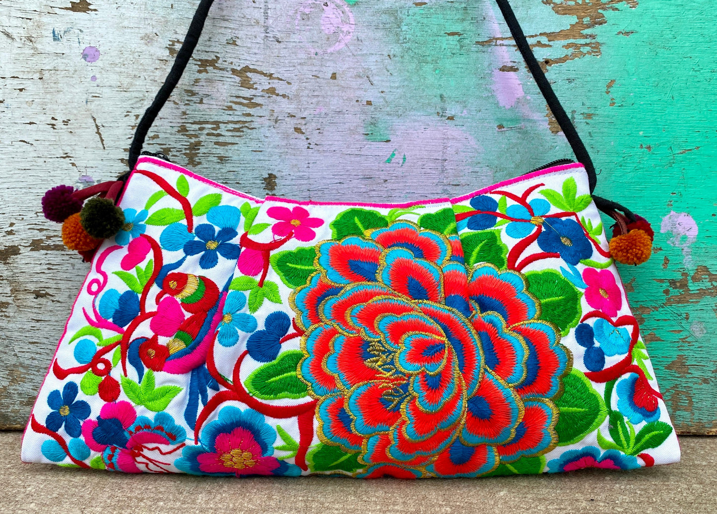 Red Floral Embroidered Crossbody Thai Sling Bag