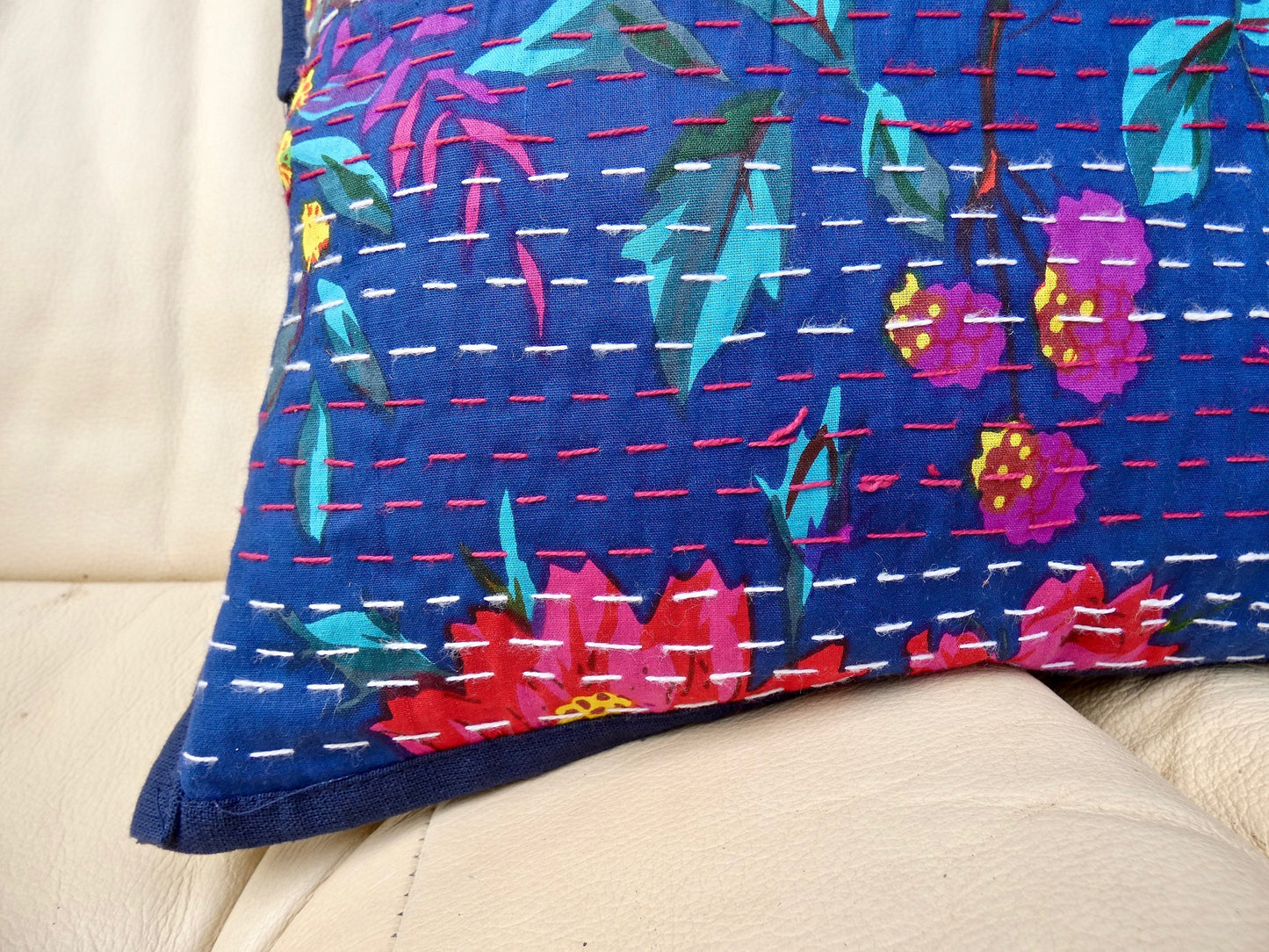 Blue Floral Kantha Cushion Cover
