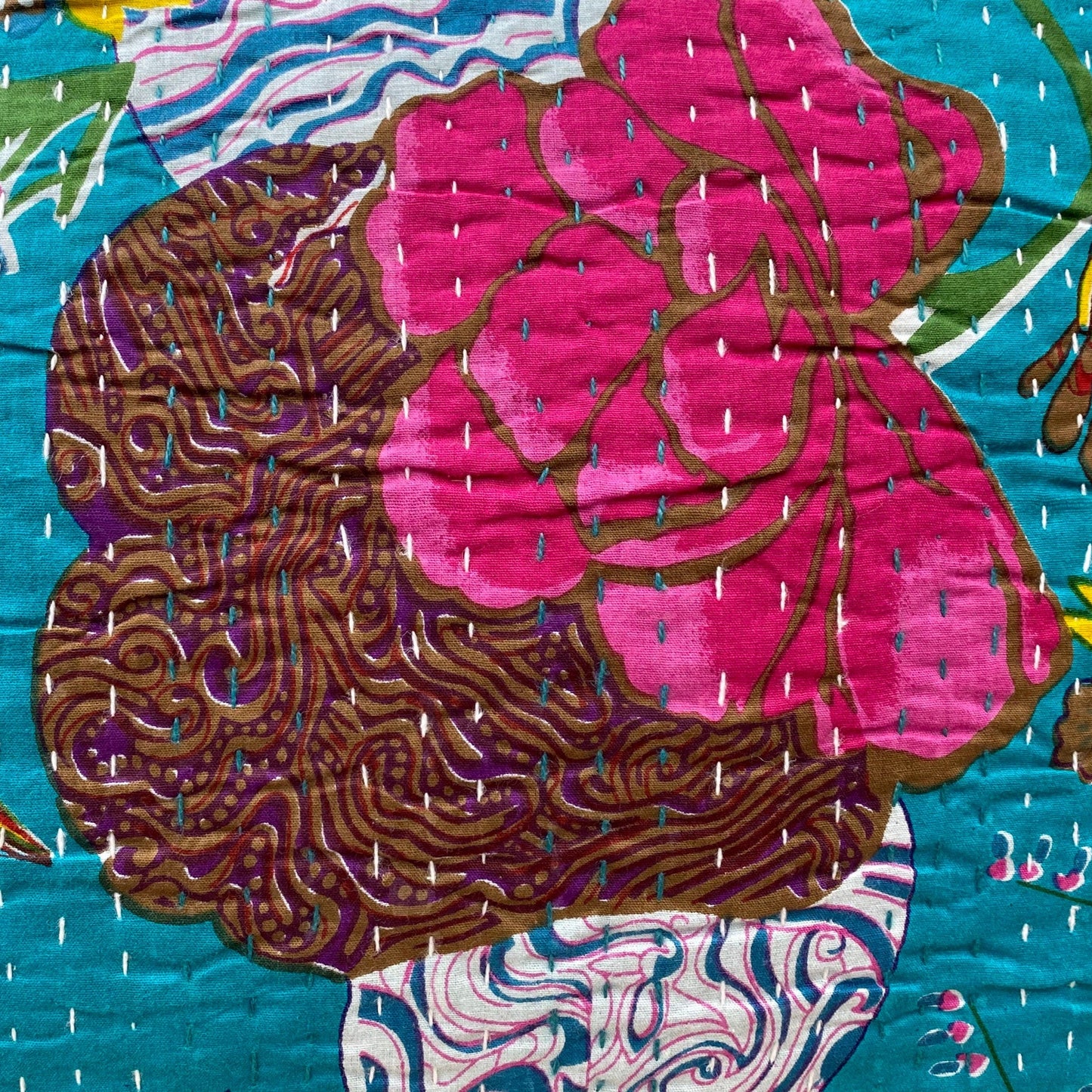 Turquoise Floral Kantha Cushion Cover