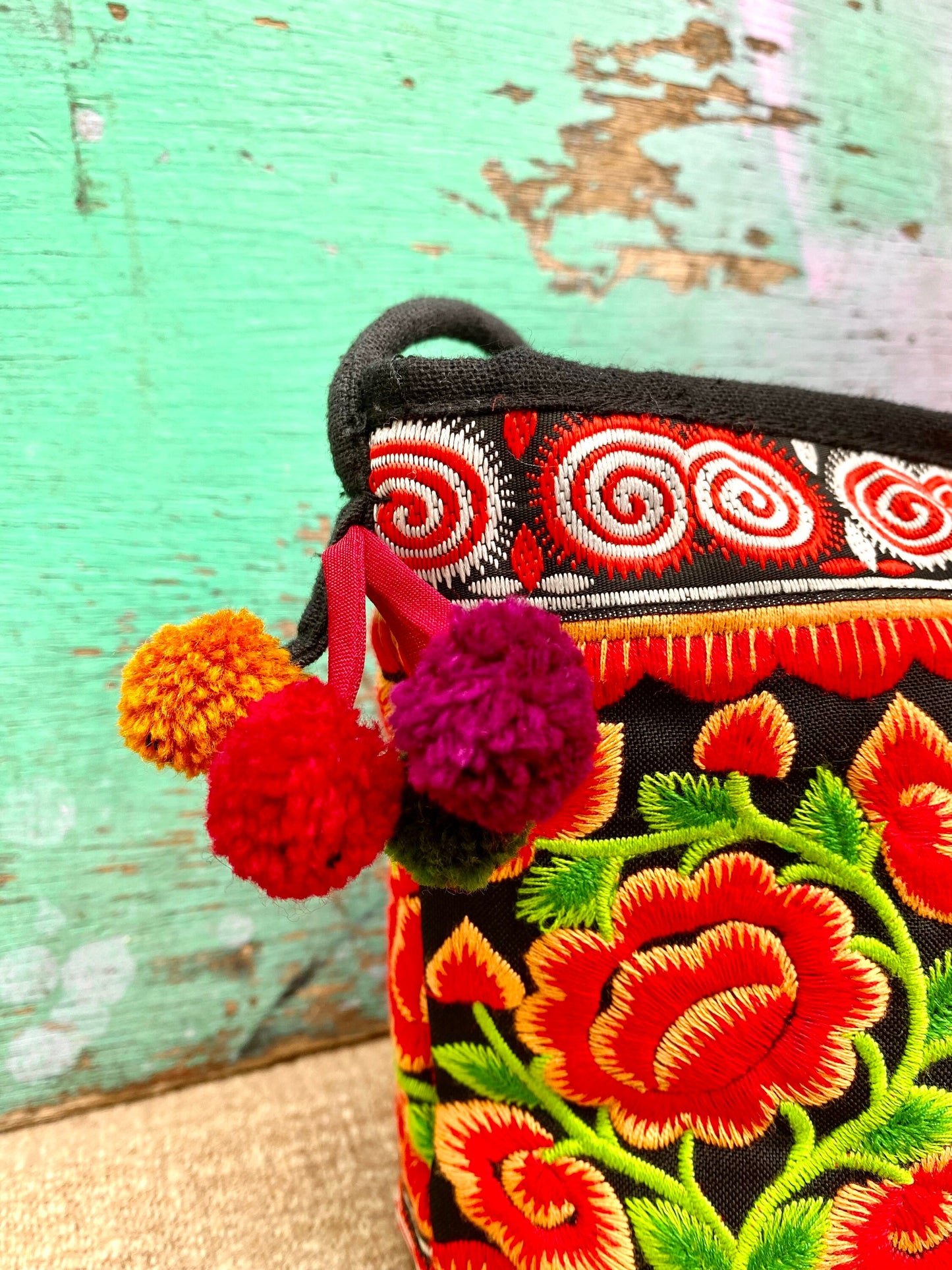 Red Floral Embroidered Thai Crossbody Bag