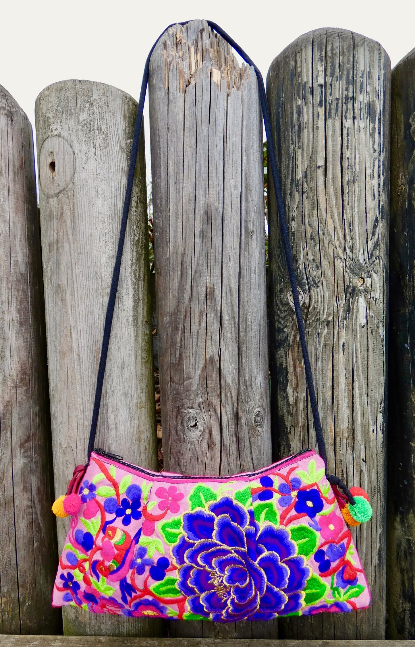 Purple Floral Embroidered Crossbody Thai Sling Bag