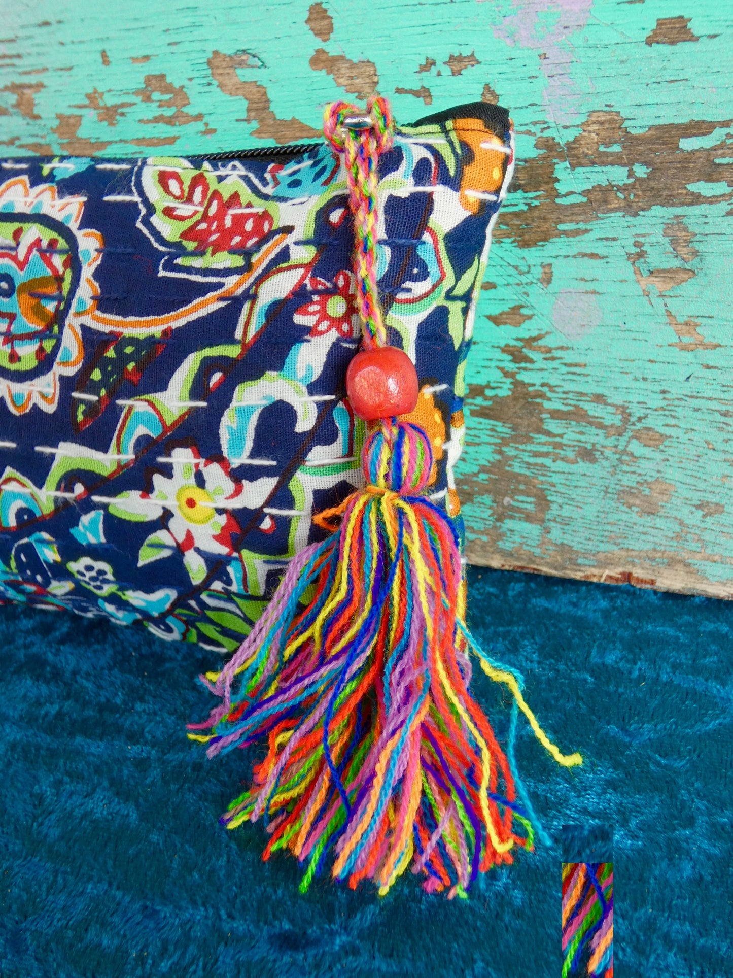 Handmade Cotton Kantha Purse - Navy Blue