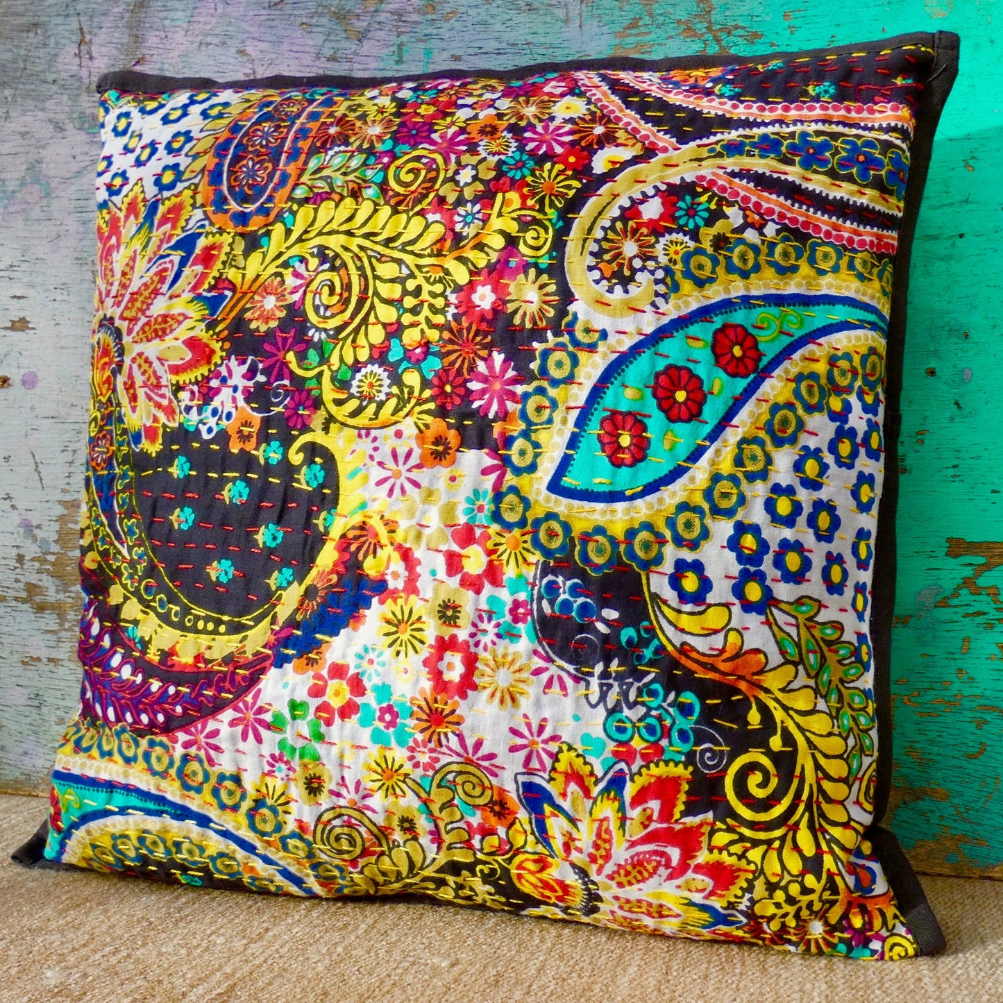 Black and Bright Paisley Kantha Cushion Cover