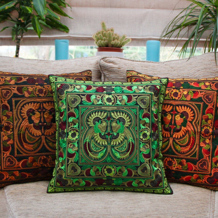 Green Embroidered Thai Cushion Cover