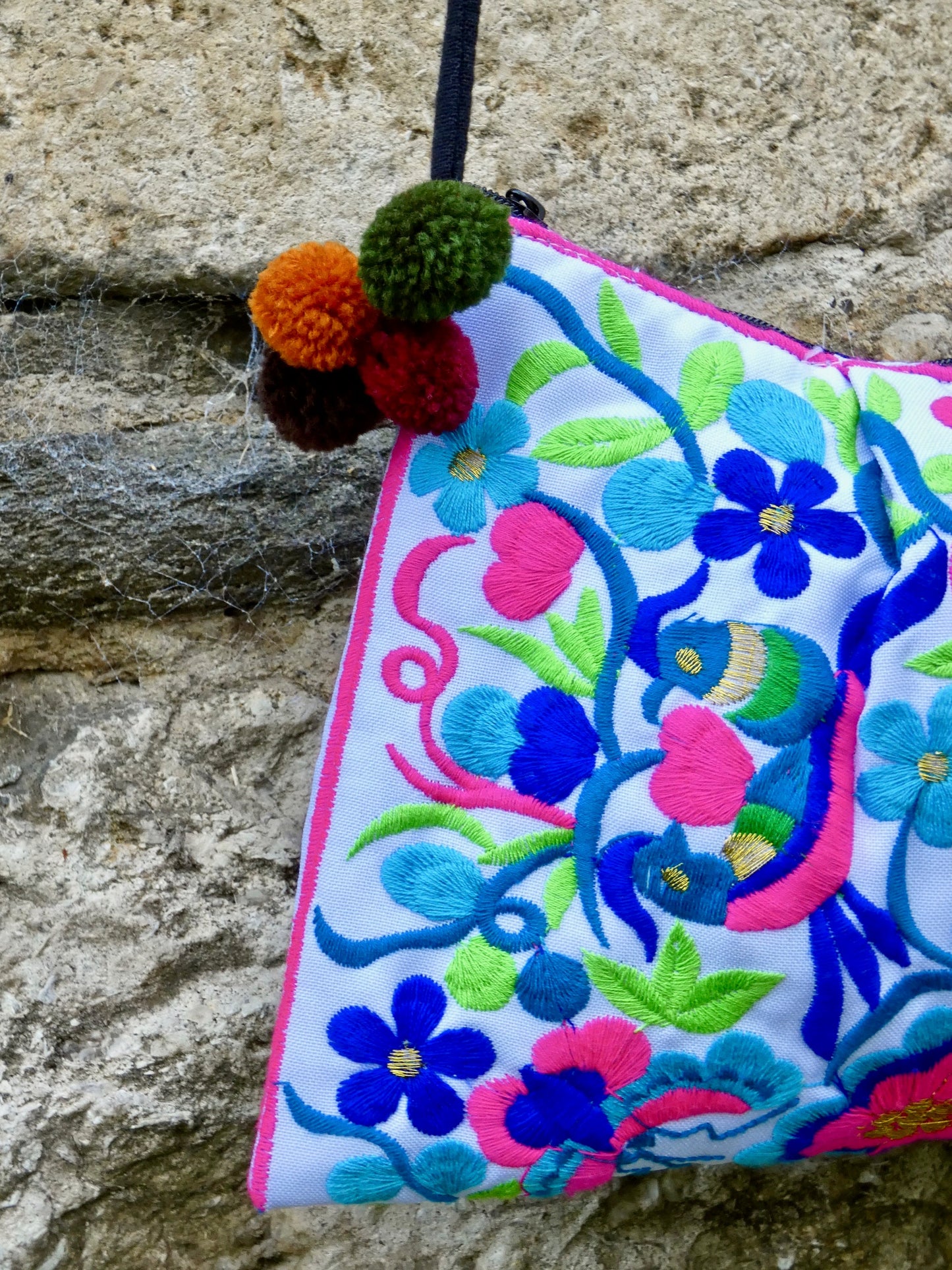 Blue Floral Embroidered Crossbody Thai Sling Bag