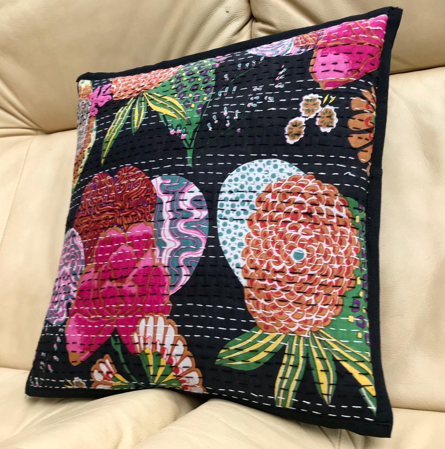 Black Floral Kantha Cushion Cover