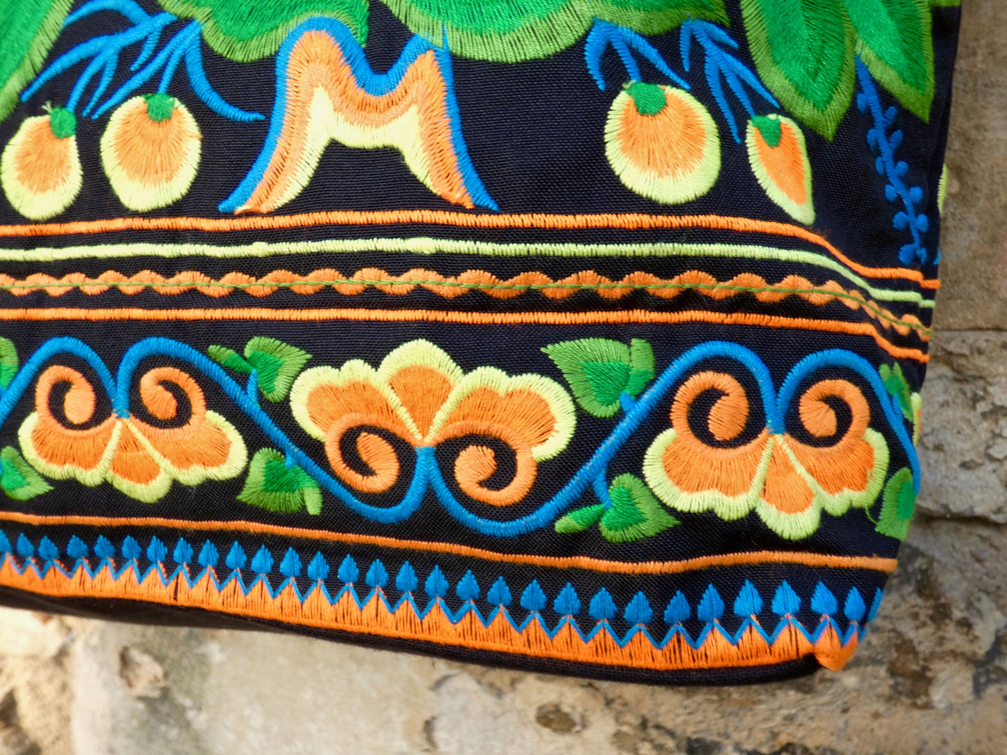 Orange Floral Embroidered Hmong Tote Bag