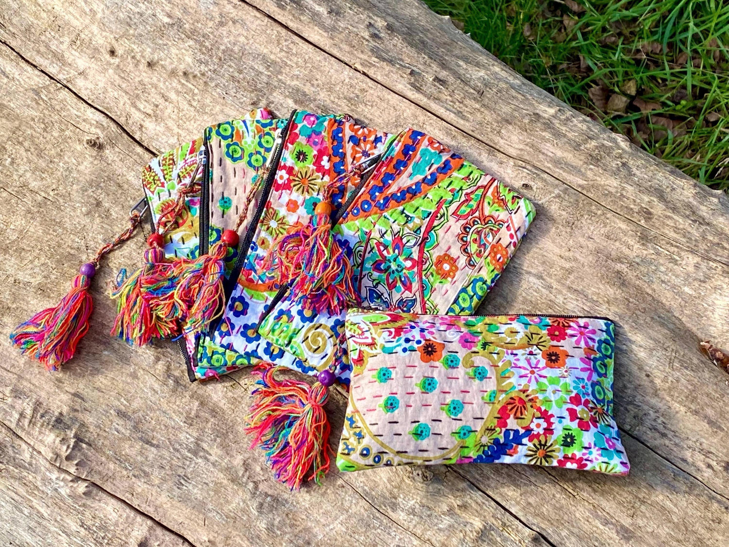 Handmade Cotton Kantha Purse - Beige