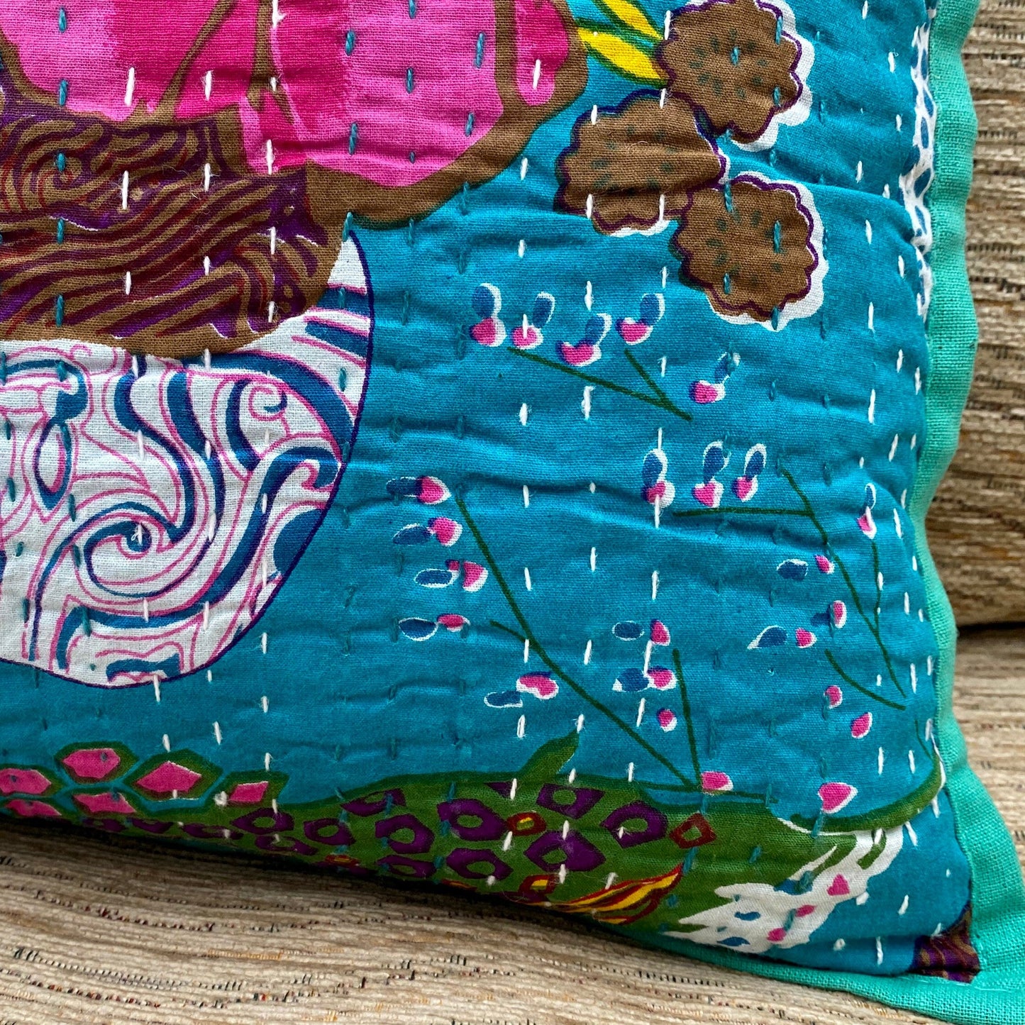 Turquoise Floral Kantha Cushion Cover