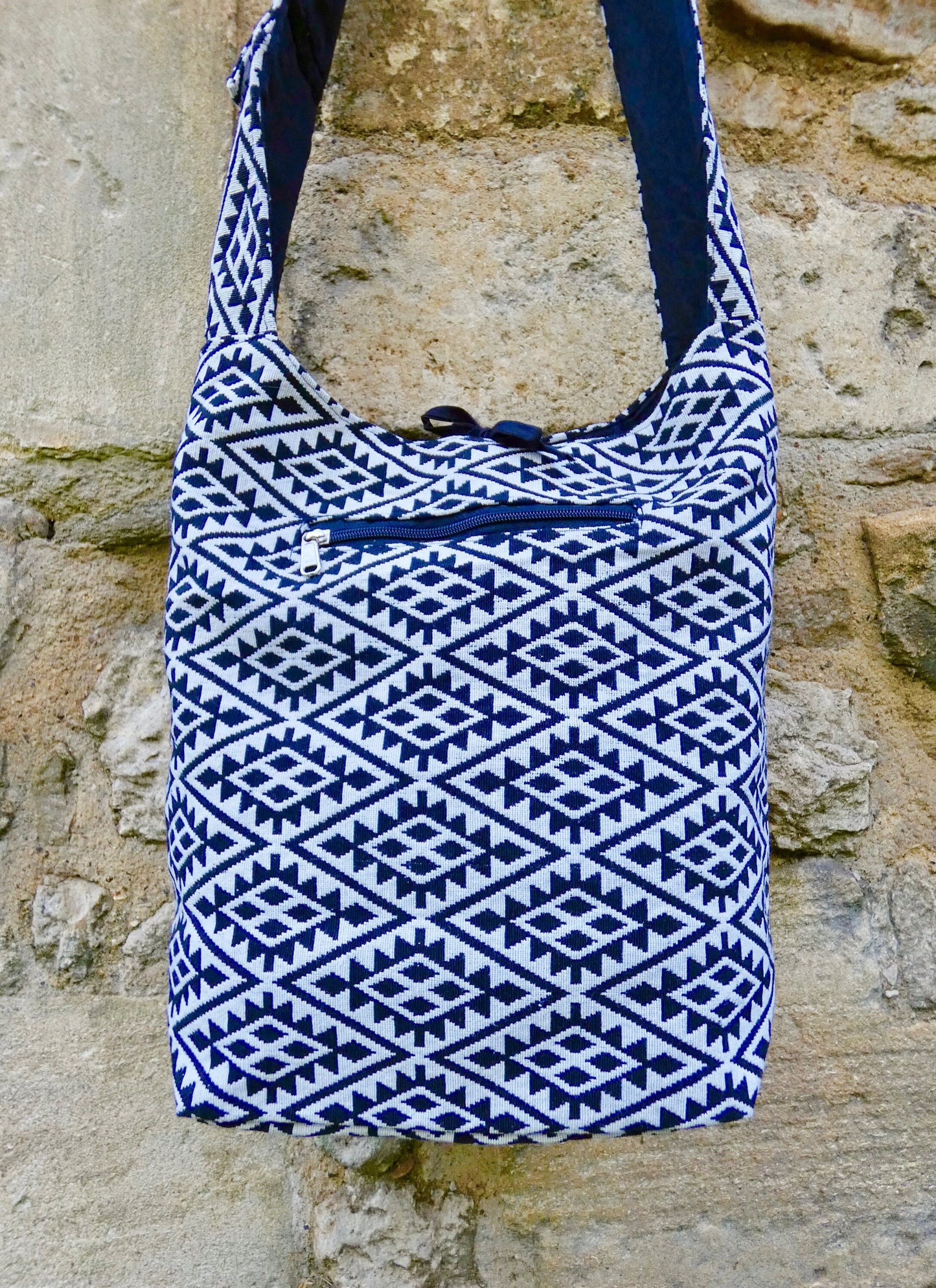 Blue Geometric Woven Cotton Bucket Bag