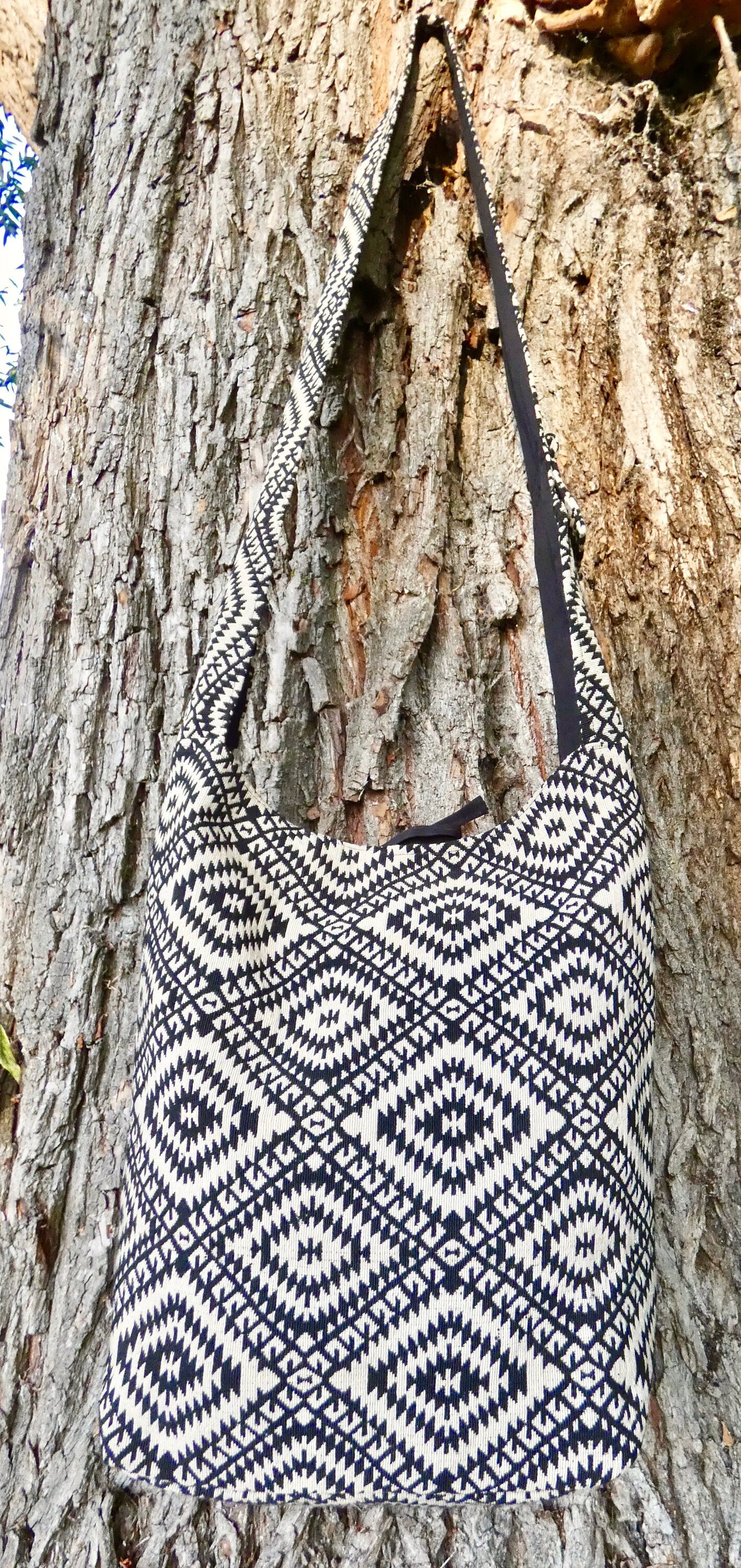 Black Geometric Woven Cotton Bucket Bag