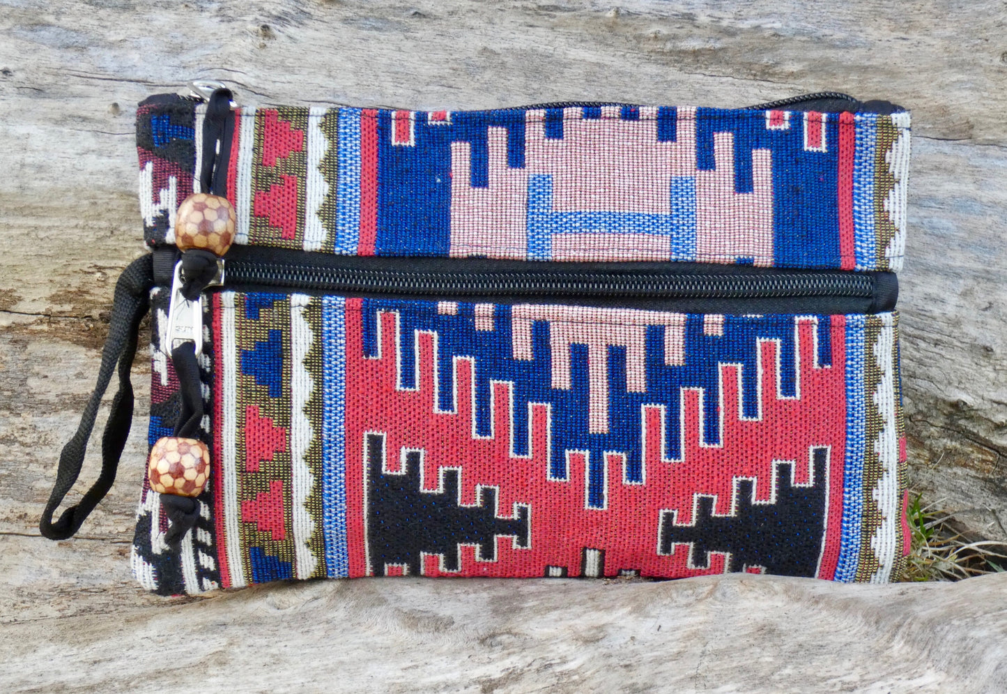 Upcycled Woven Cotton Jacquard Purse - Blue and Red
