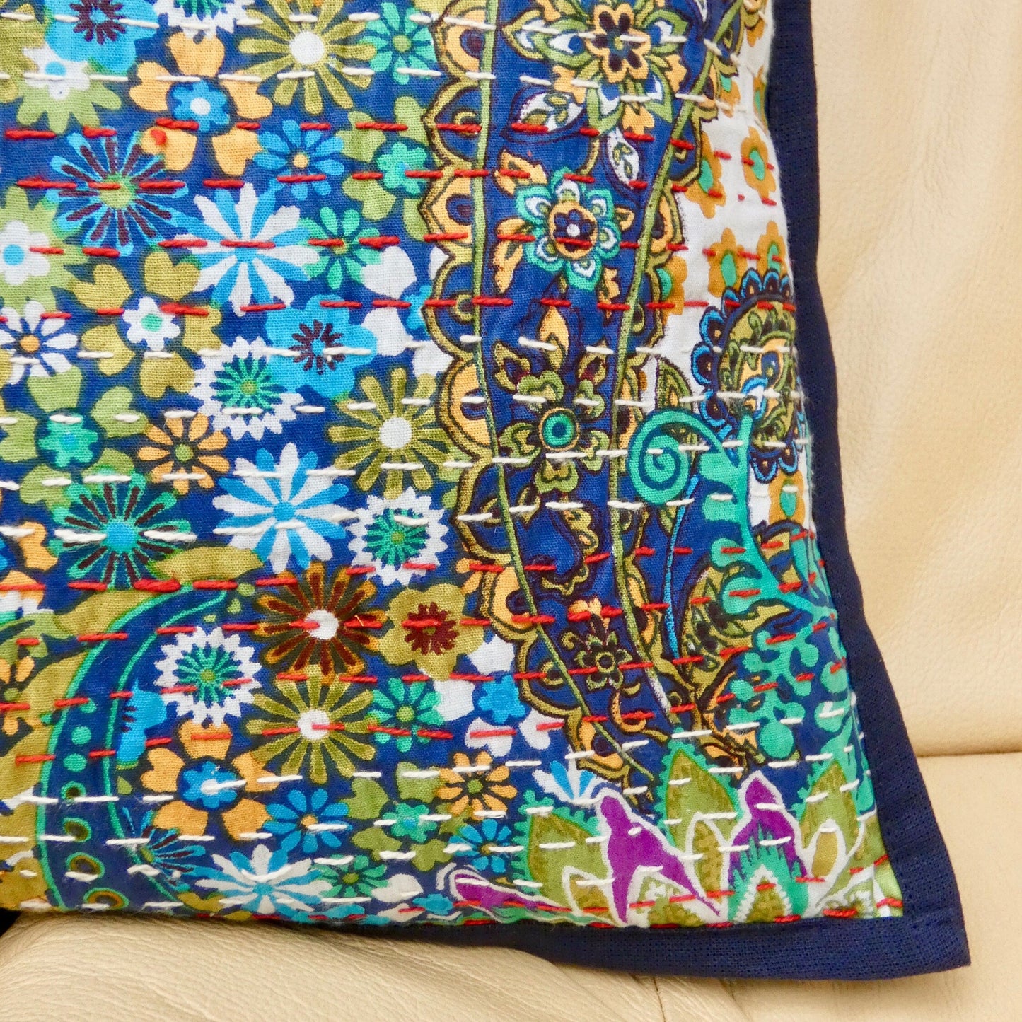 Blue Paisley Kantha Cushion Cover