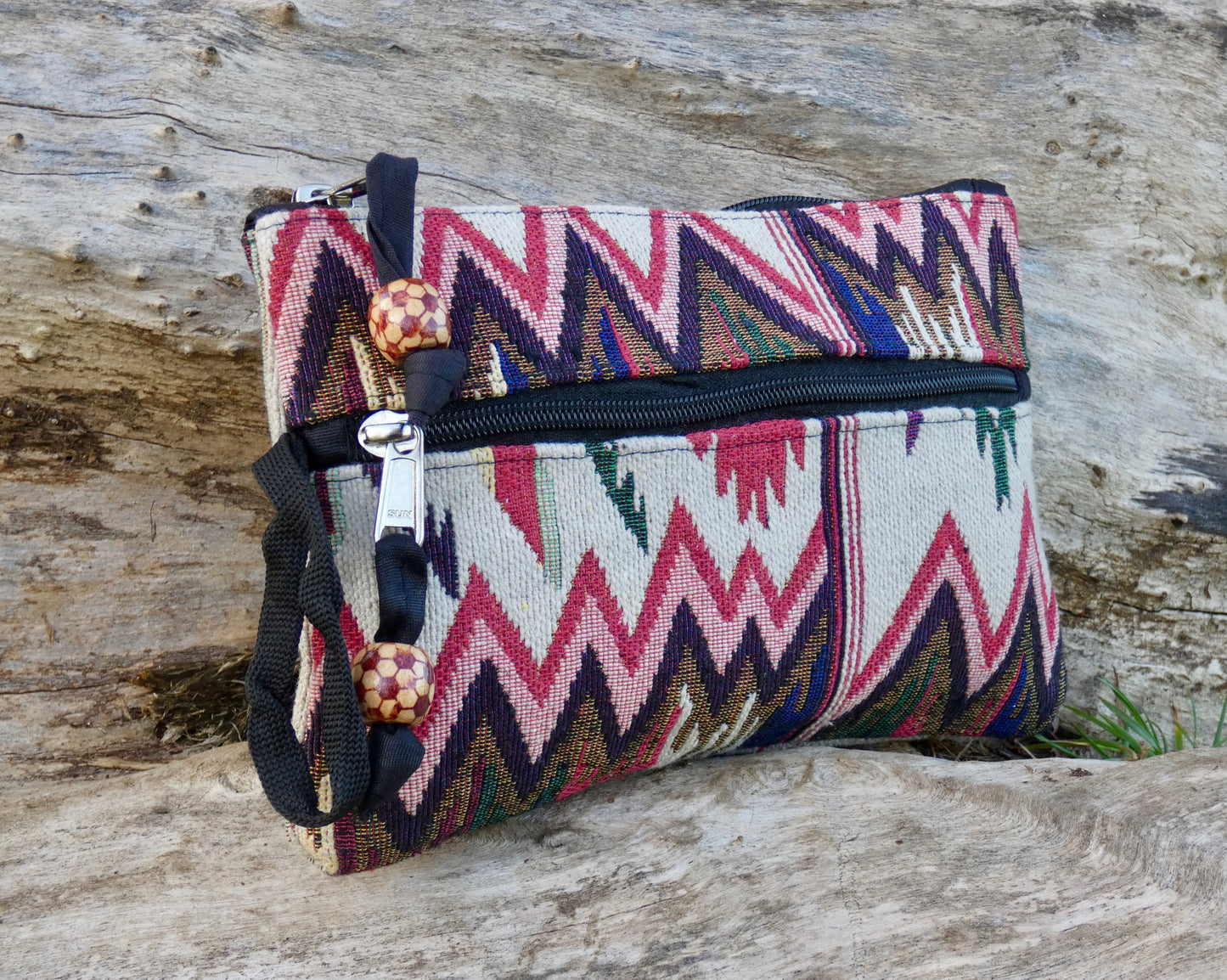 Red and Beige Jacquard Woven Cotton Wristlet Purse Bag