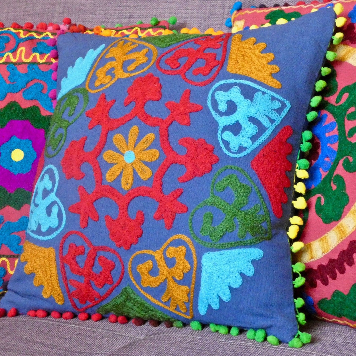 Blue Suzani Embroidered Pom Pom Cushion Cover