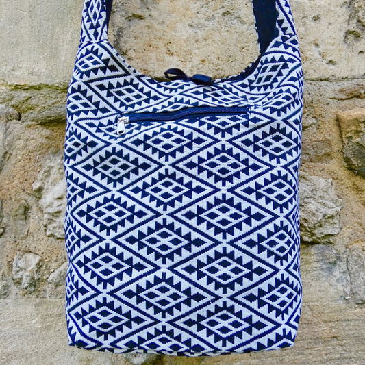 Blue Geometric Woven Cotton Bucket Bag