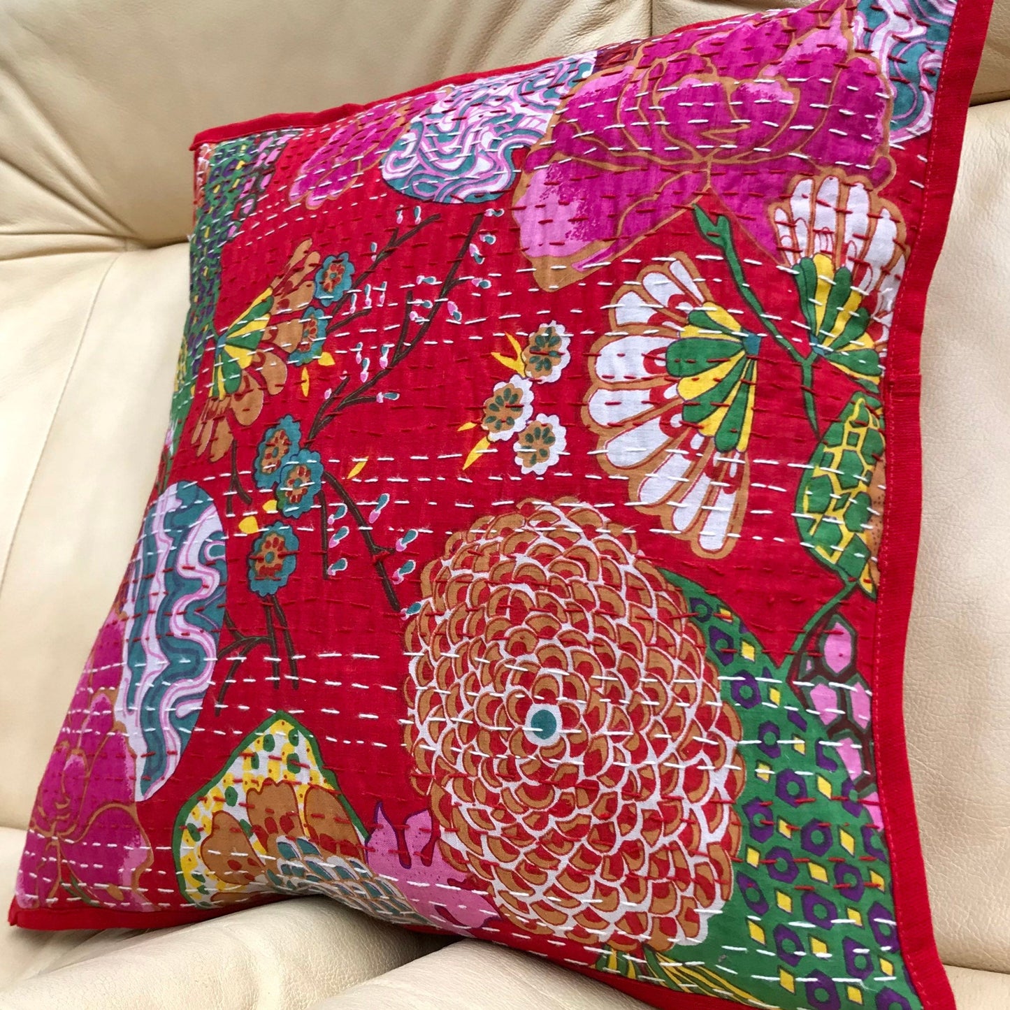 Red Floral Kantha Cushion Cover