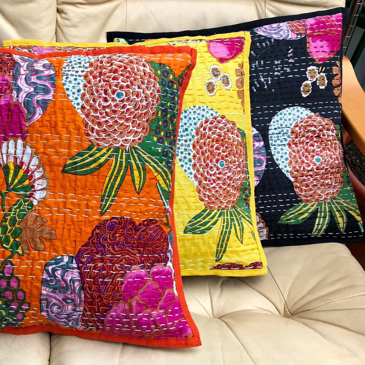 Black Floral Kantha Cushion Cover